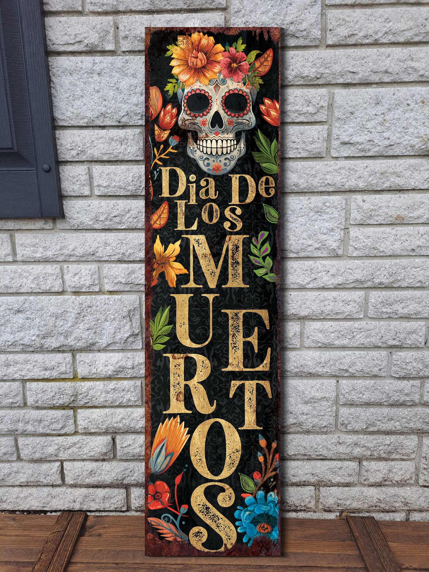 36in Dia De Los Muertos Sugar Skull Porch Sign - Front Porch Day of the Dead Sign Hanging, Rustic Modern Farmhouse Entryway Decor