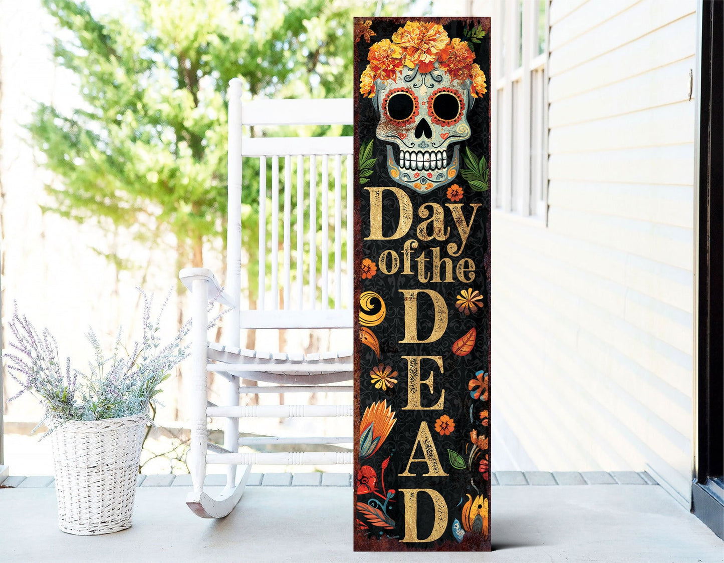 36in Day of the Dead Sugar Skull Porch Sign - Dia De Los Muertos Front Porch Sign, Rustic Modern Farmhouse Entryway Decor