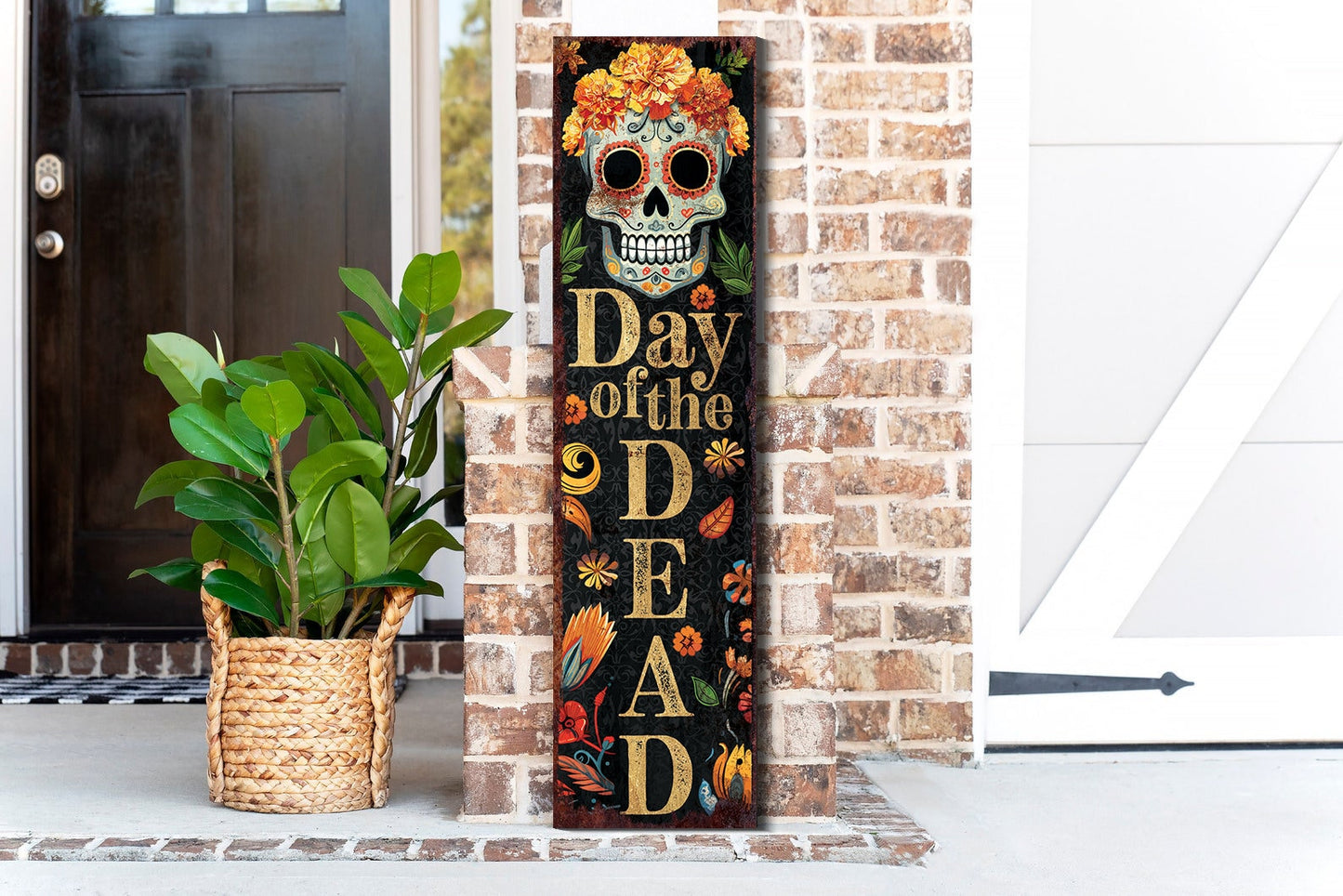 36in Day of the Dead Sugar Skull Porch Sign - Dia De Los Muertos Front Porch Sign, Rustic Modern Farmhouse Entryway Decor