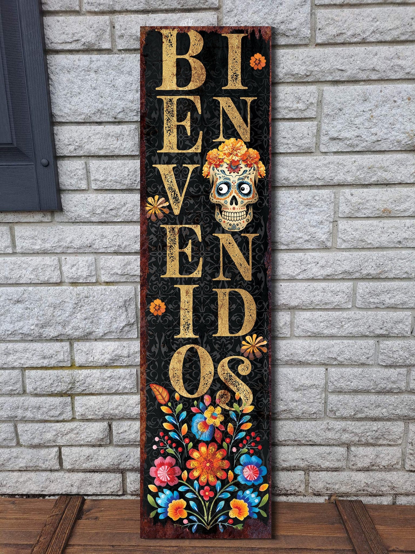 36in 'Bienvenidos' Sugar Skull Porch Sign - Dia De Los Muertos Porch Sign, Rustic Modern Farmhouse Entryway Decor