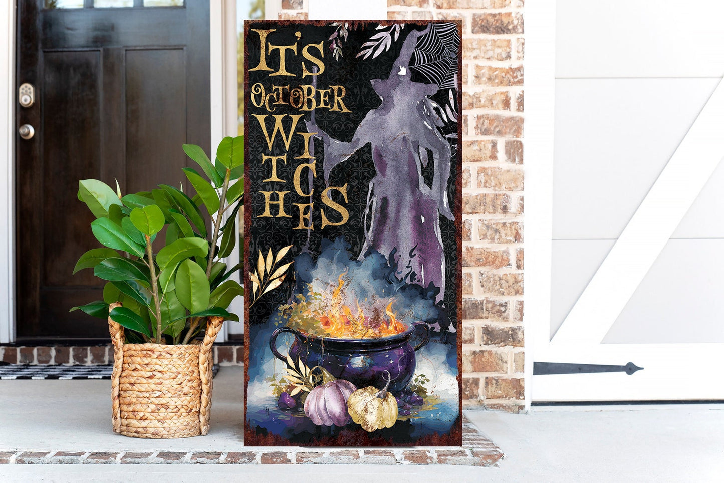 36in It's October Witches Halloween Porch Sign - Front Porch Halloween Welcome Sign, Rustic Modern Farmhouse Entryway Decor