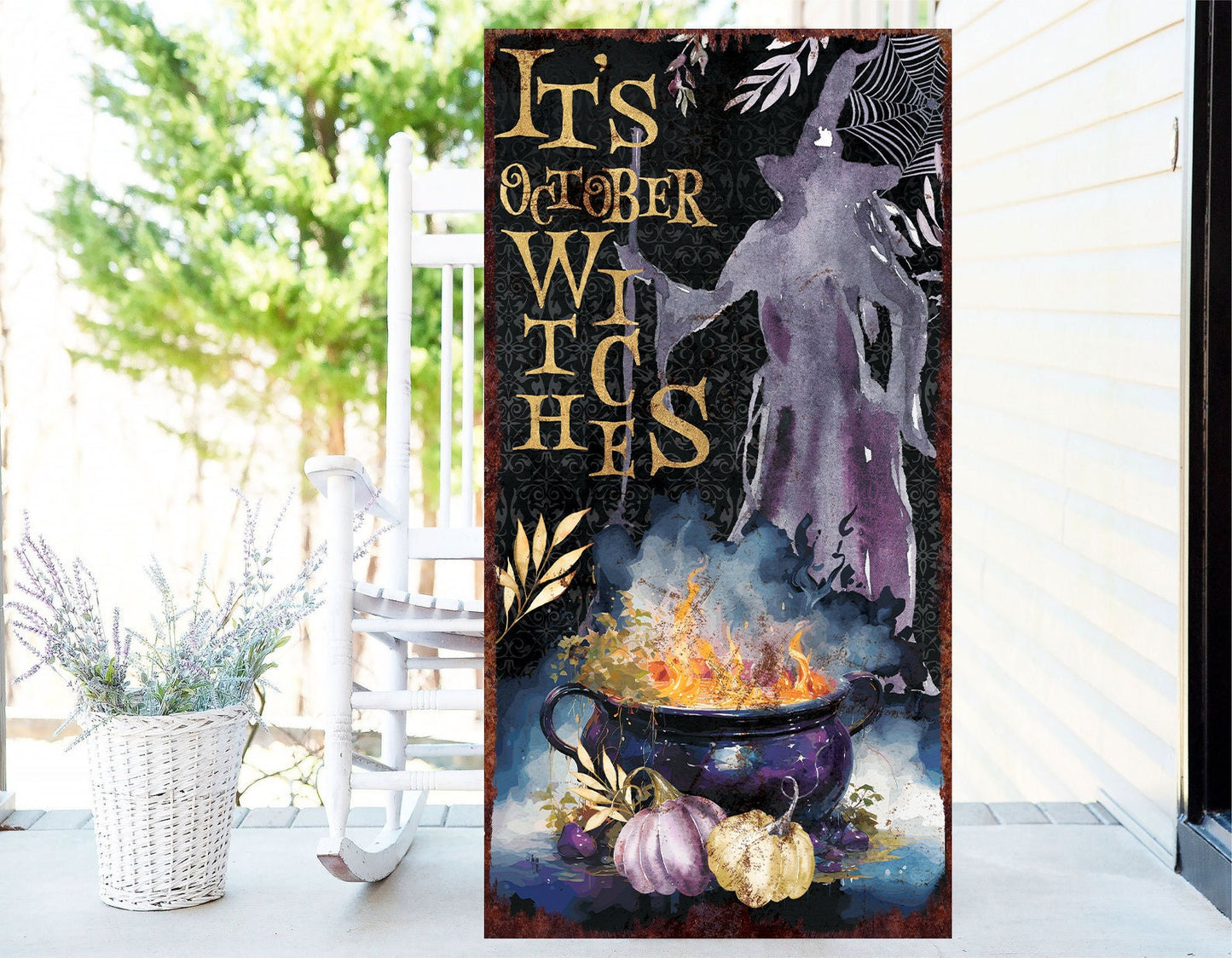36in It's October Witches Halloween Porch Sign - Front Porch Halloween Welcome Sign, Rustic Modern Farmhouse Entryway Decor