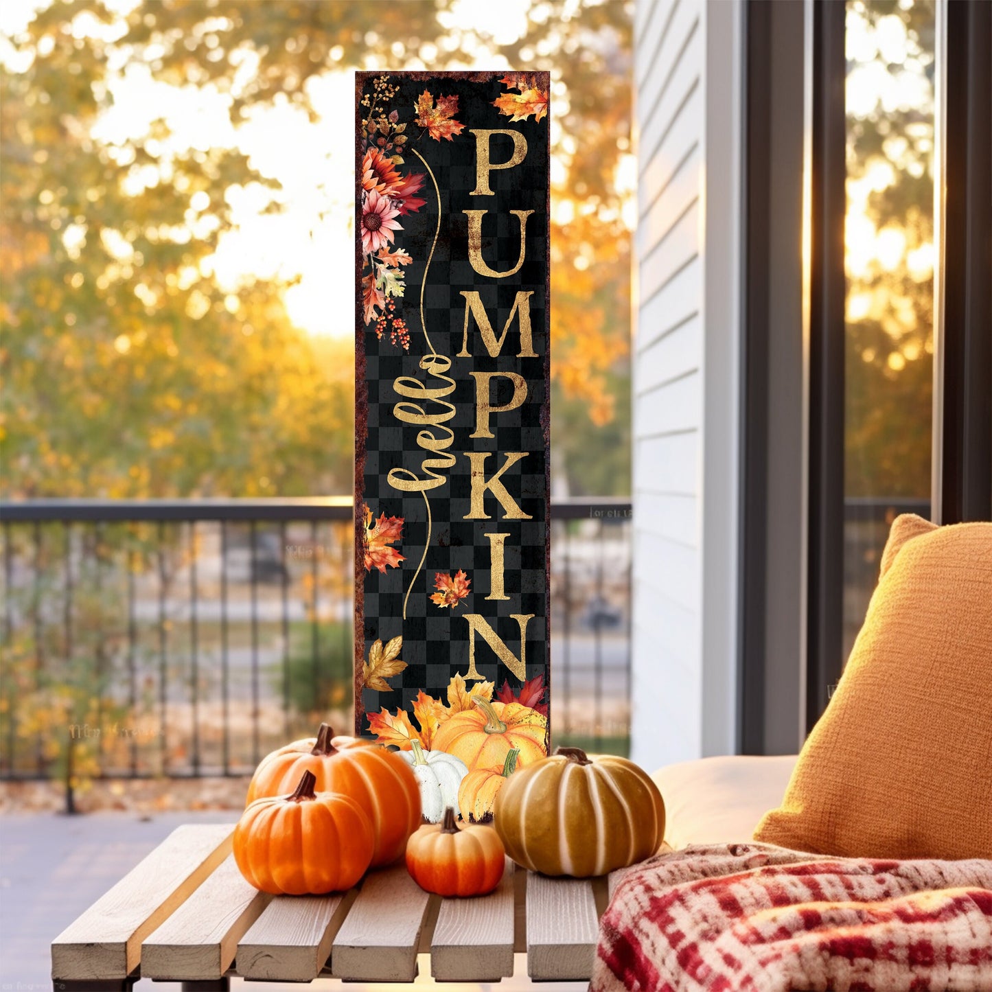 36in Hello Pumpkin Fall Sign - Vintage Autumn Decoration for Front Porch, Rustic Modern Farmhouse Fall Decor