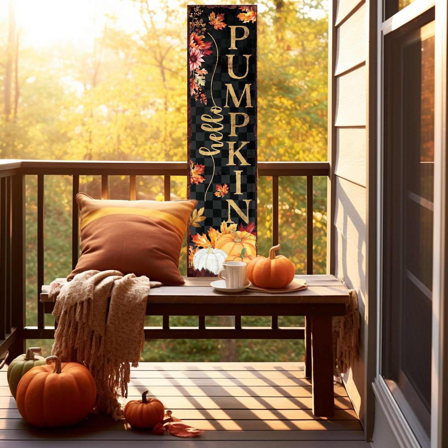36in Hello Pumpkin Fall Sign - Vintage Autumn Decoration for Front Porch, Rustic Modern Farmhouse Fall Decor