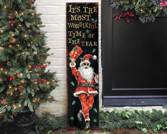 36in Dancing Santa Christmas Porch Sign - Front Porch Christmas Welcome Sign, Rustic Modern Farmhouse Entryway Board