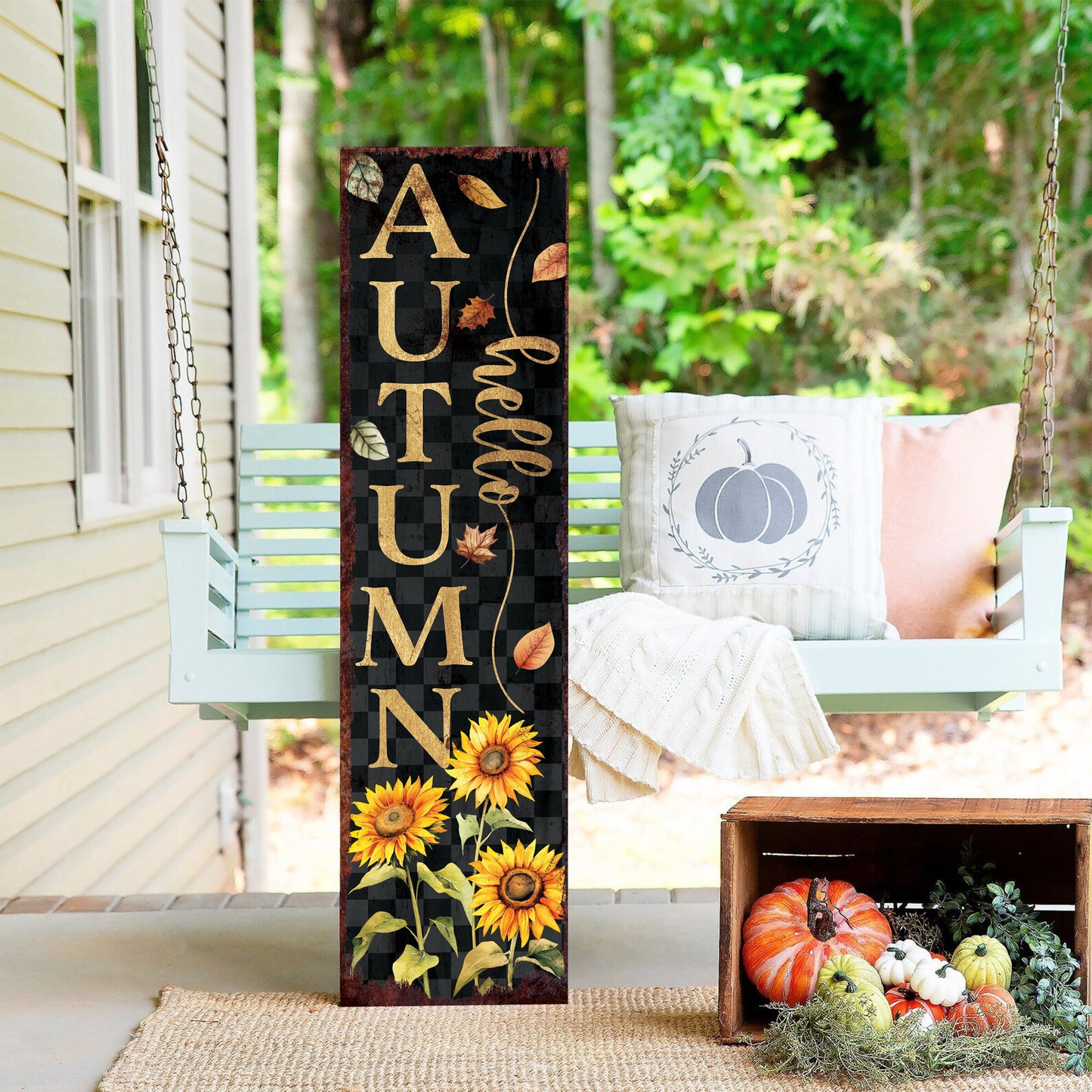 36in Hello Autumn Porch Sign - Front Porch Fall Welcome Sign with Vintage Autumn Decoration, Rustic Modern Farmhouse Decor