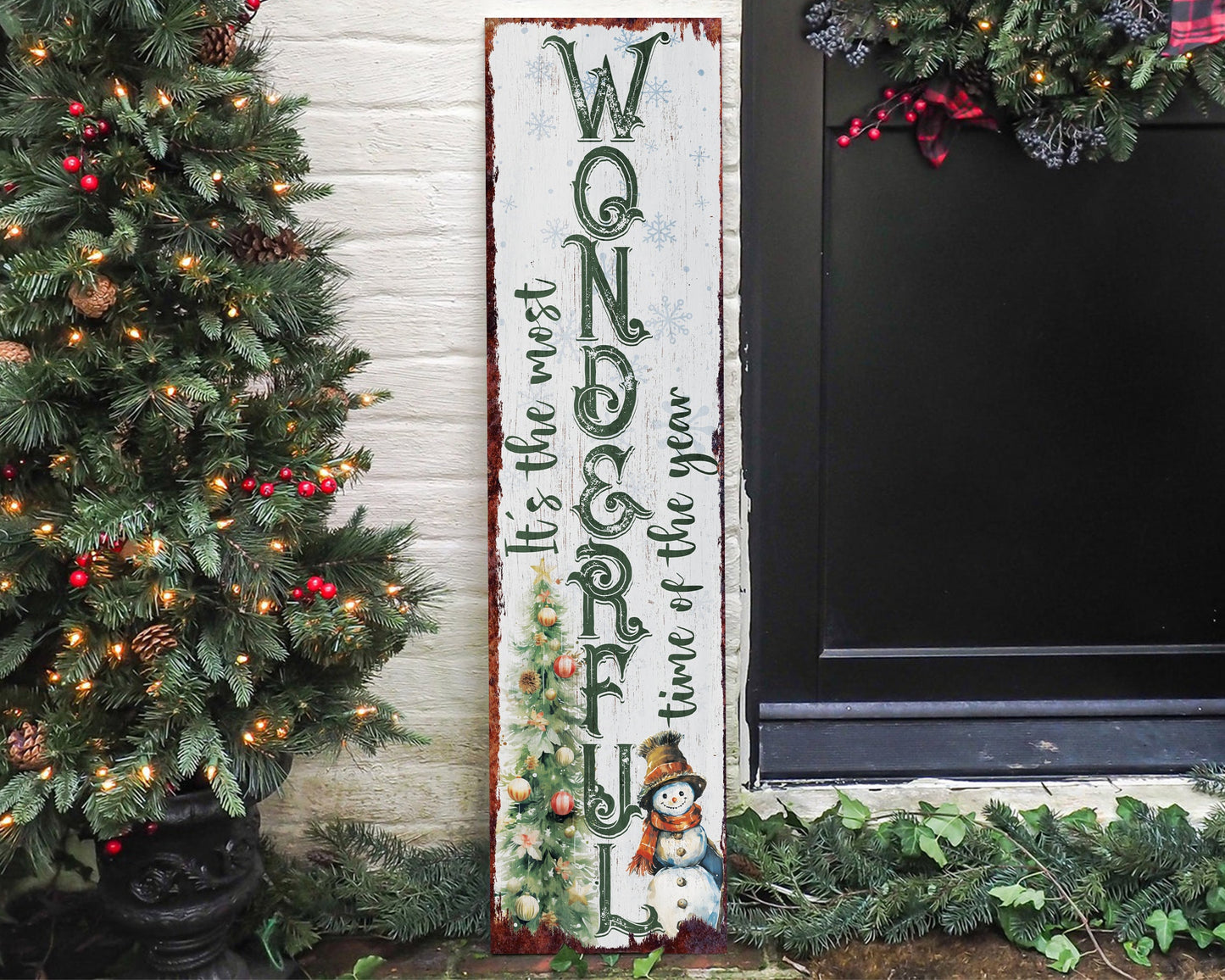 36in "It's The Most Wonderful Time of The Year" Christmas Porch Sign - Front Porch Christmas Welcome Sign, Rustic Farmhouse Entryway Board
