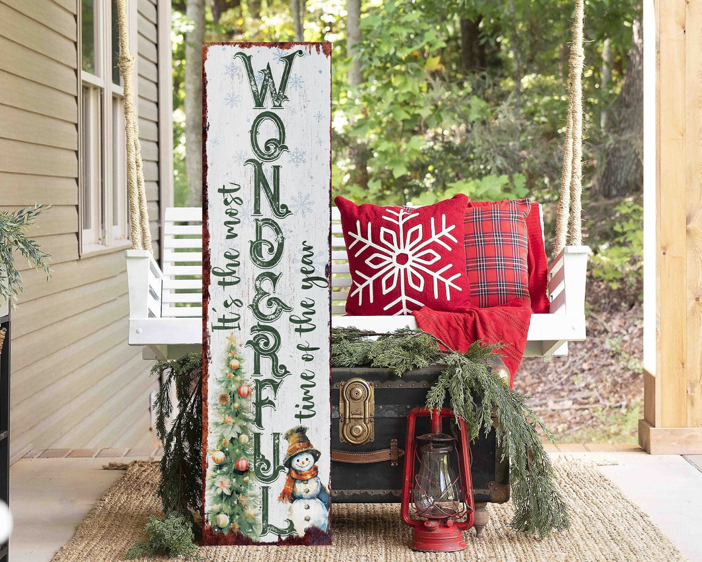 36in "It's The Most Wonderful Time of The Year" Christmas Porch Sign - Front Porch Christmas Welcome Sign, Rustic Farmhouse Entryway Board
