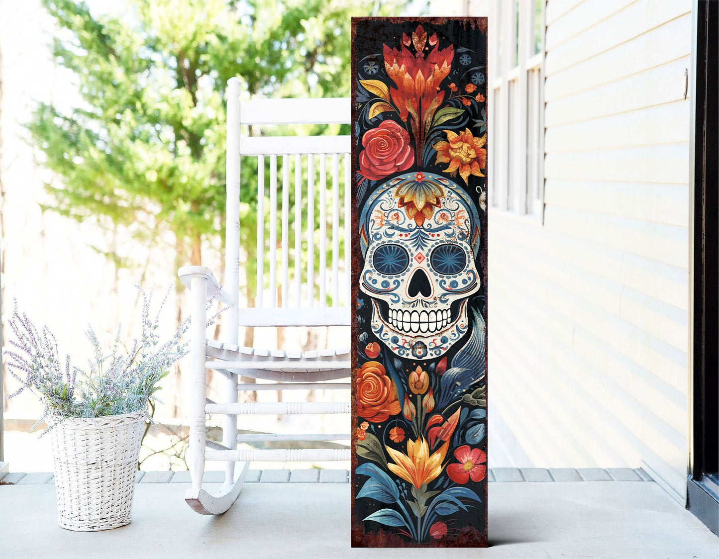 36in Dia De Los Muertos Sugar Skull Porch Sign - Day of the Dead Decor Ideal for Entryway, Mantle, Living Room, Kitchen, Porch Decor