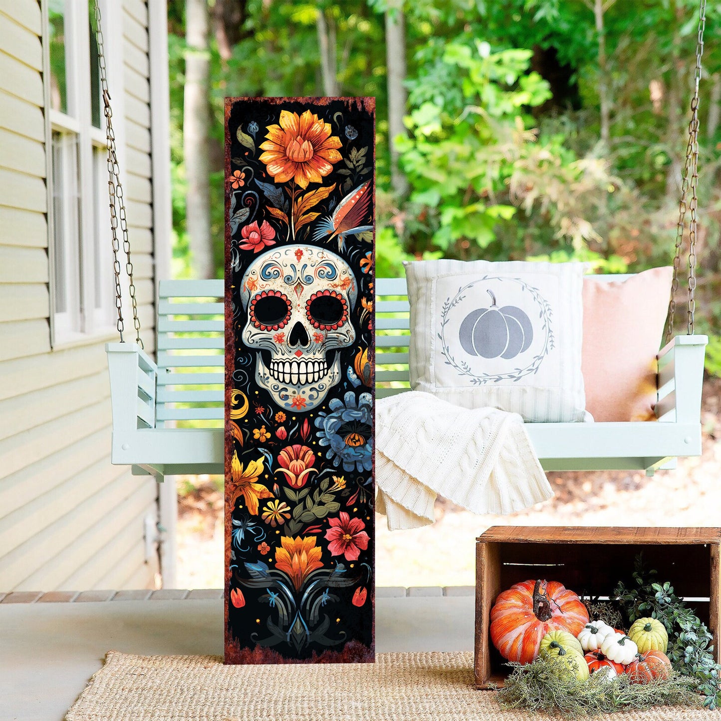 36in Dia De Los Muertos Sugar Skull Porch Sign - Front Porch Day of the Dead Decor for Entryway, Mantle, Living Room, Porch Decor