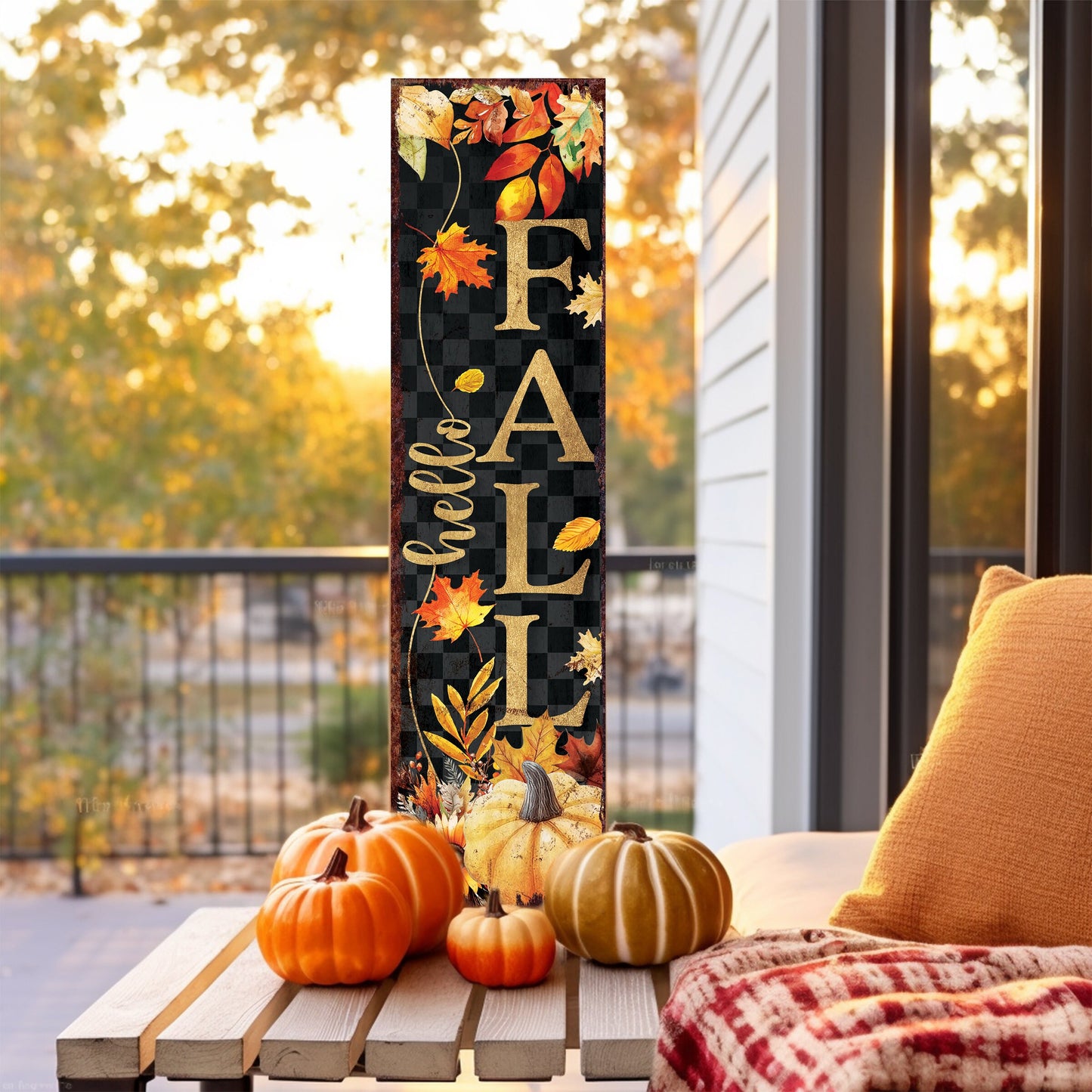 36in Hello Fall Porch Sign - Front Porch Fall Welcome Sign with Vintage Autumn Decoration, Rustic Modern Farmhouse Entryway Porch Decor