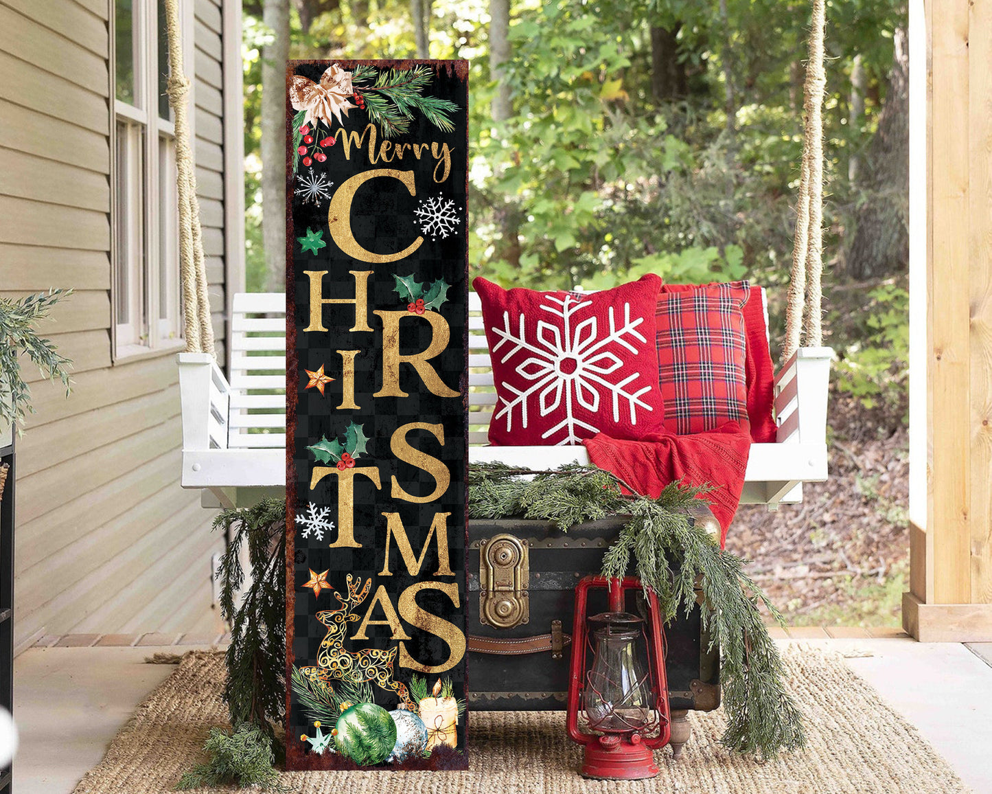 36in Merry Christmas Sign | Front Porch Vintage Decoration | Rustic Modern Farmhouse Entryway Snowman Decor for Front Door