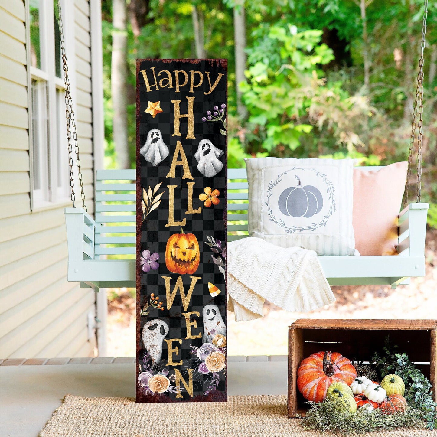 36in Happy Halloween Porch Sign - Front Porch Halloween Welcome Sign, Vintage Halloween Decoration, Modern Farmhouse Decor
