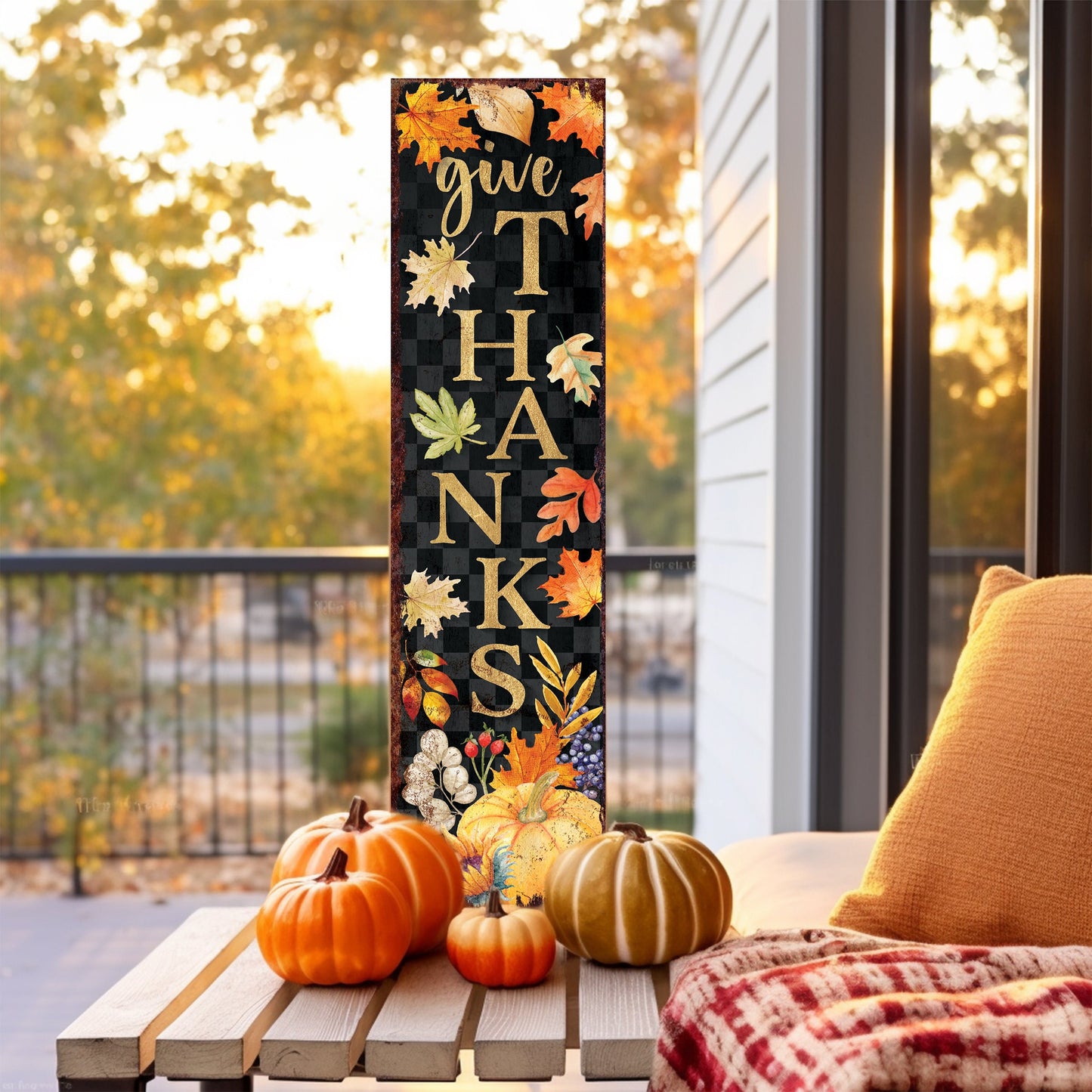 36in Give Thanks Fall Porch Sign - Front Porch Fall Welcome Sign with Vintage Autumn Decoration, Rustic Thanksgiving Decor for Outdoor