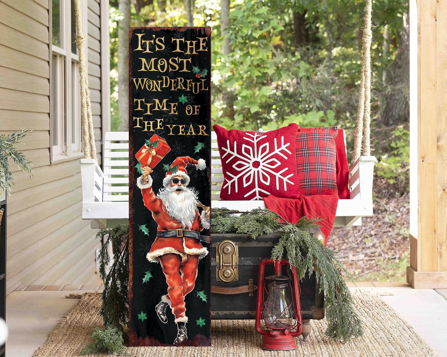 36in Dancing Santa Christmas Porch Sign - Front Porch Christmas Welcome Sign, Rustic Modern Farmhouse Entryway Board