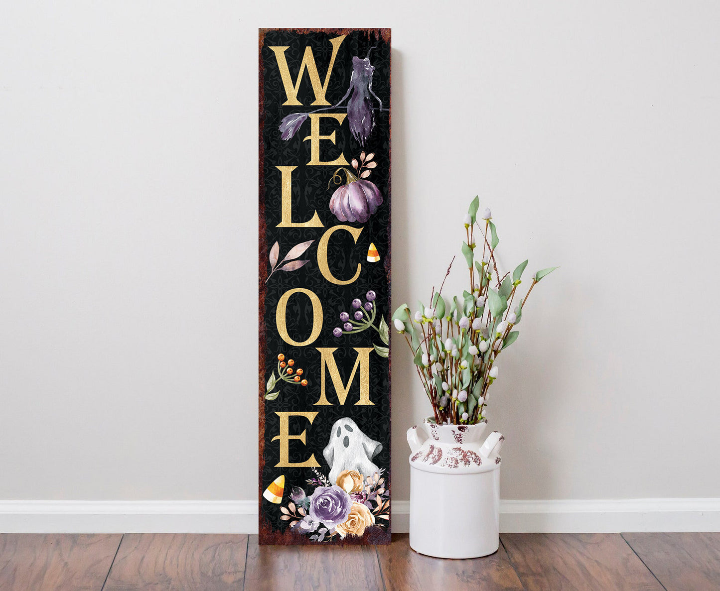 36in Welcome Halloween Porch Sign - Front Porch Halloween Welcome Sign with Vintage Decoration, Rustic Modern Farmhouse Entryway Porch Decor