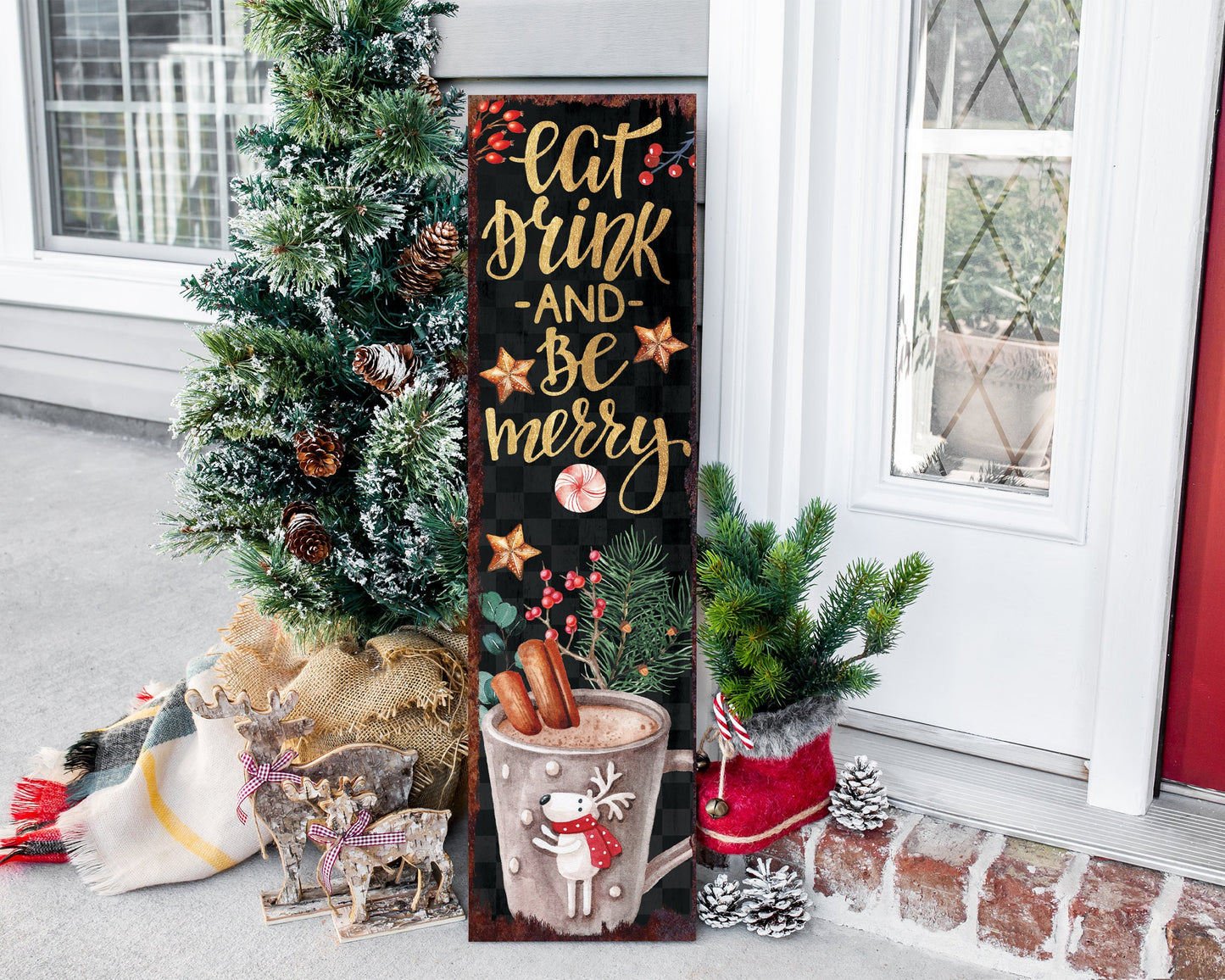 36in Eat, Drink, and Be Merry Christmas Porch Sign - Front Porch Christmas Welcome Sign, Rustic Modern Farmhouse Entryway Board