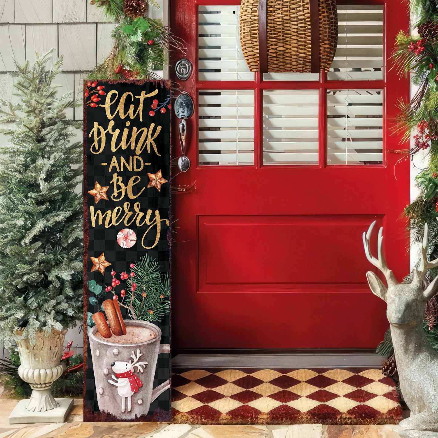36in Eat, Drink, and Be Merry Christmas Porch Sign - Front Porch Christmas Welcome Sign, Rustic Modern Farmhouse Entryway Board