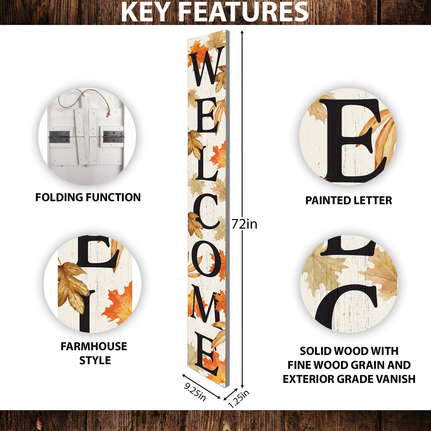72in Welcome Fall Porch Sign - Front Porch Autumn Welcome Sign, Rustic Modern Farmhouse Entryway Board