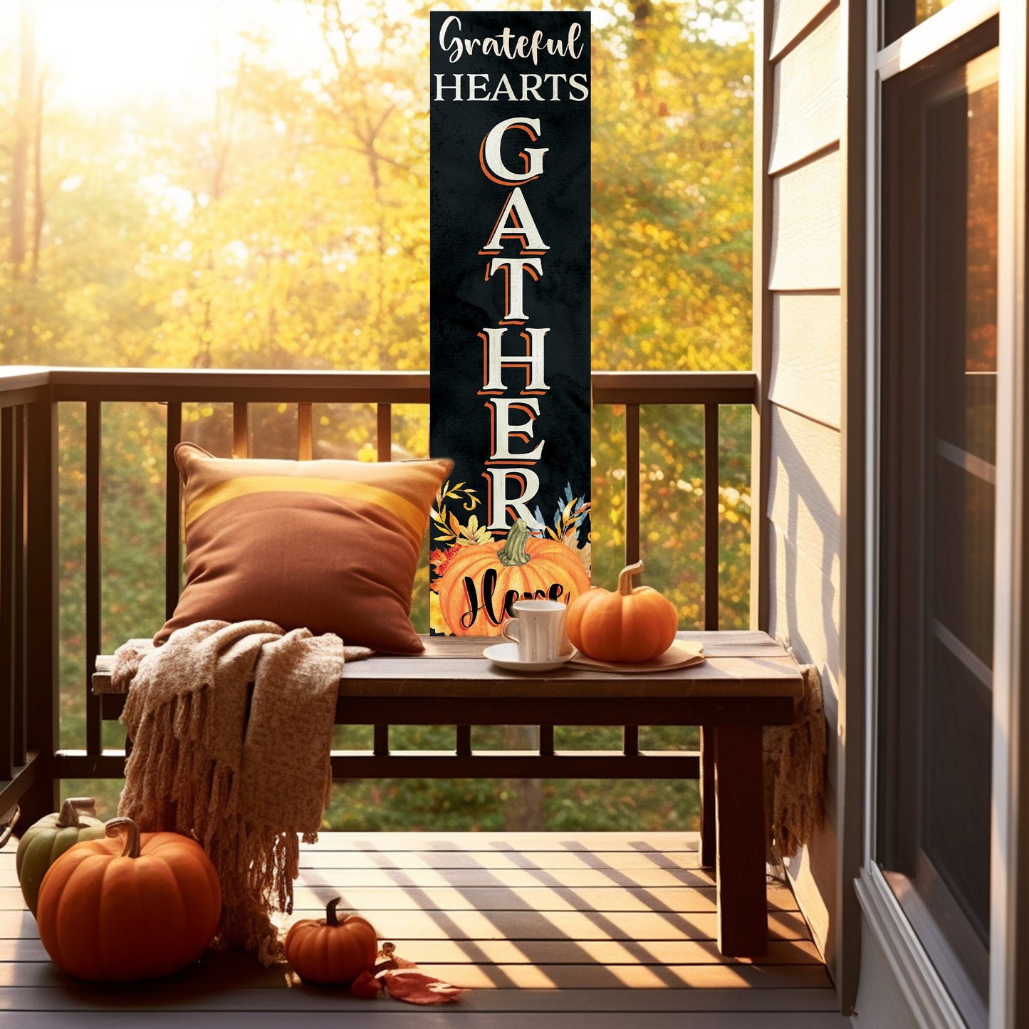 36in "Grateful Hearts Gather Here" Fall Porch Sign - Rustic Wooden Decor for Front Door Display during Autumn Celebrations