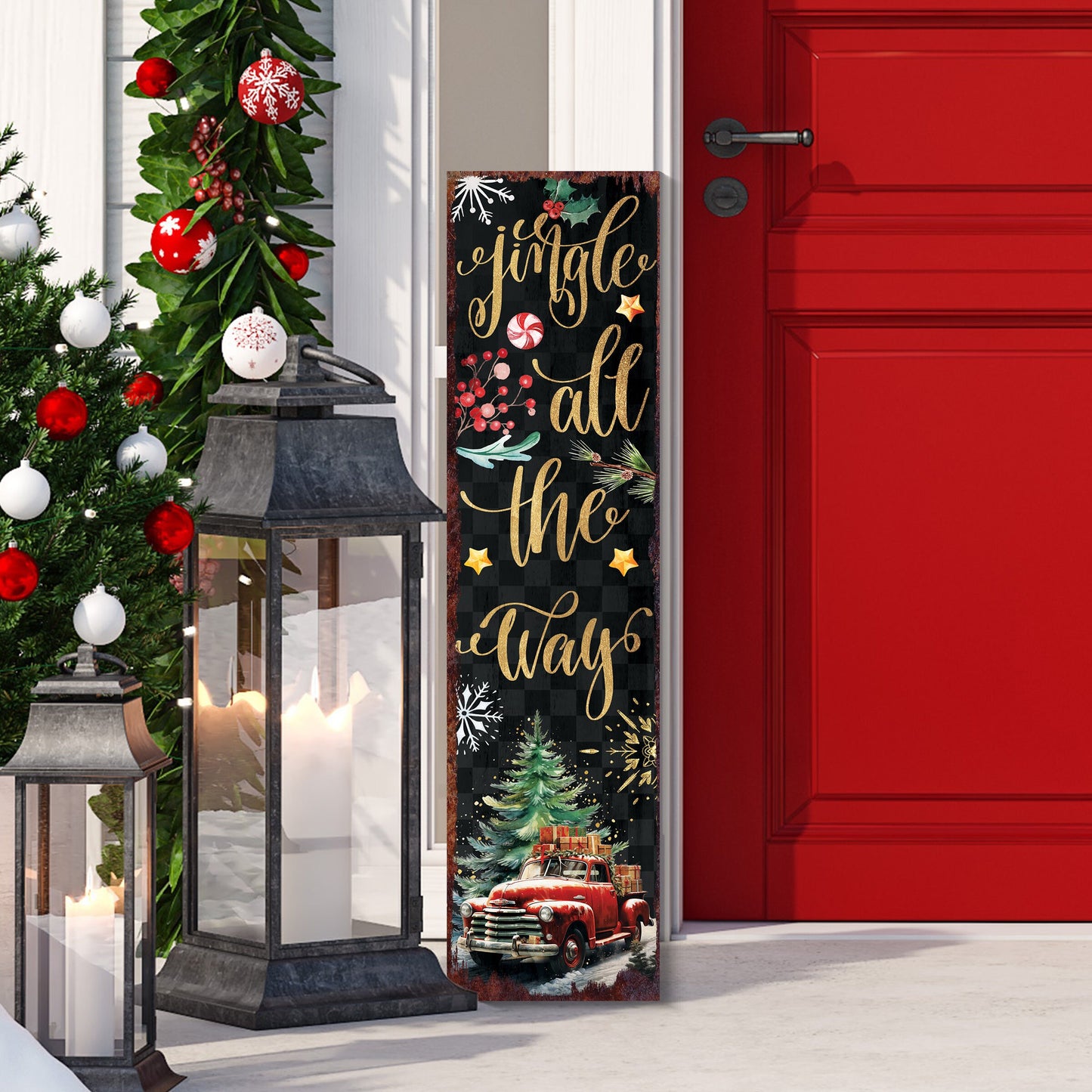36in Jingle All the Way Christmas Porch Sign - Front Porch Christmas Welcome Sign, Rustic Modern Farmhouse Entryway Board