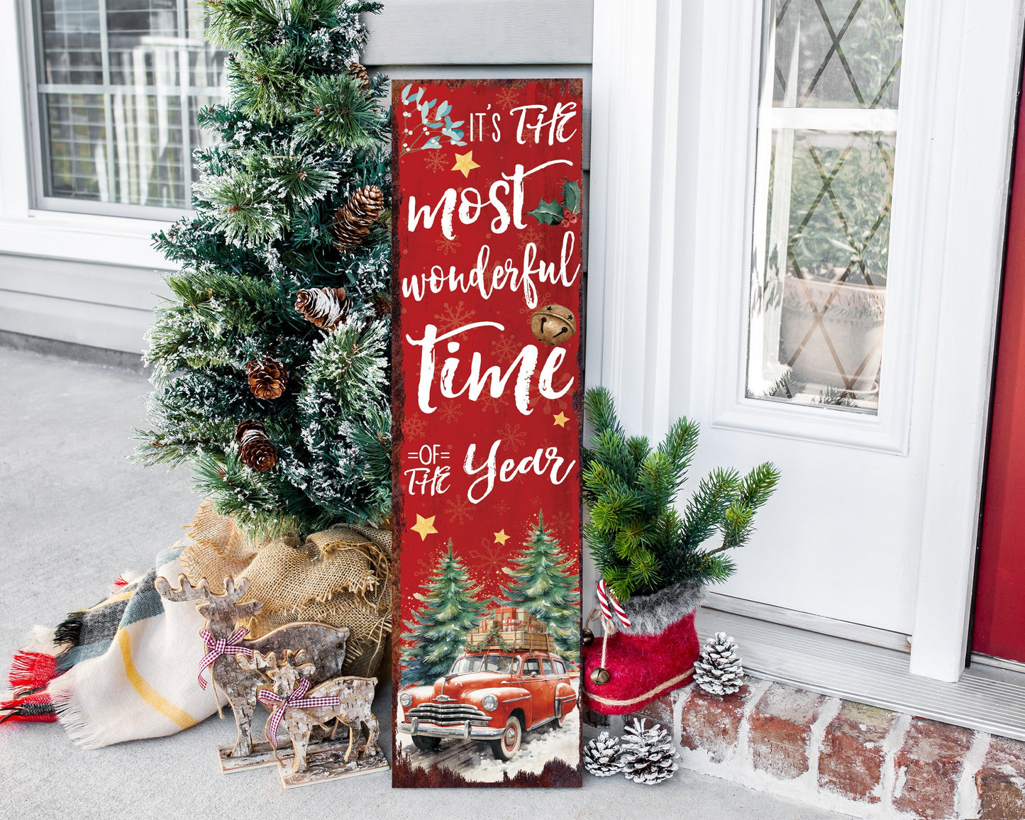 36in It's the Most Wonderful Time of the Year Christmas Porch Sign - Front Porch Christmas Welcome Sign, Modern Farmhouse Entryway Board