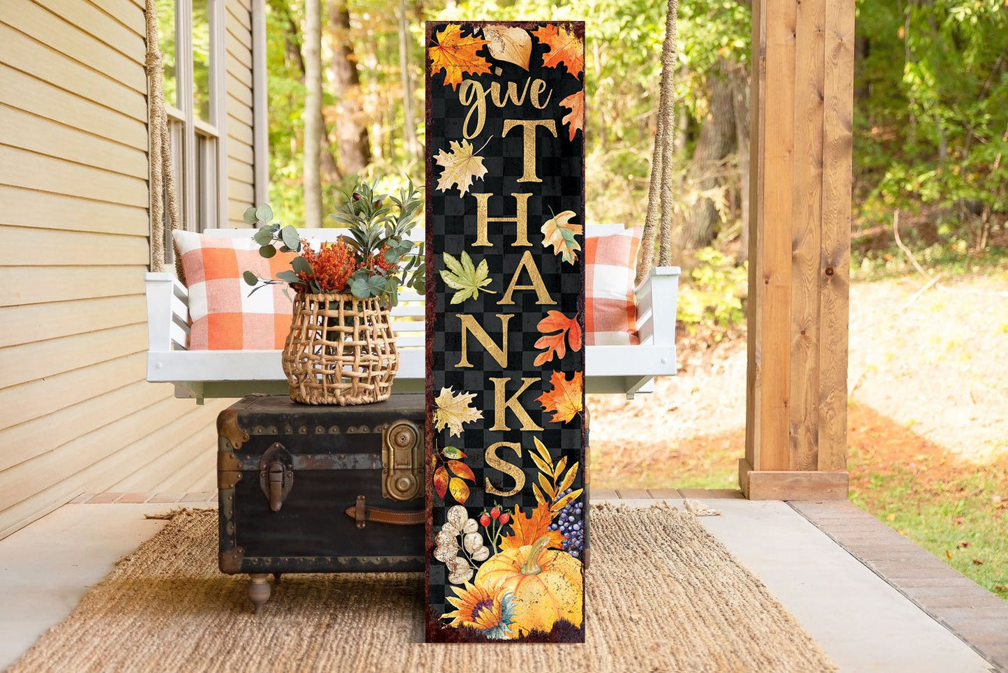 36in Give Thanks Fall Porch Sign - Front Porch Fall Welcome Sign with Vintage Autumn Decoration, Rustic Thanksgiving Decor for Outdoor