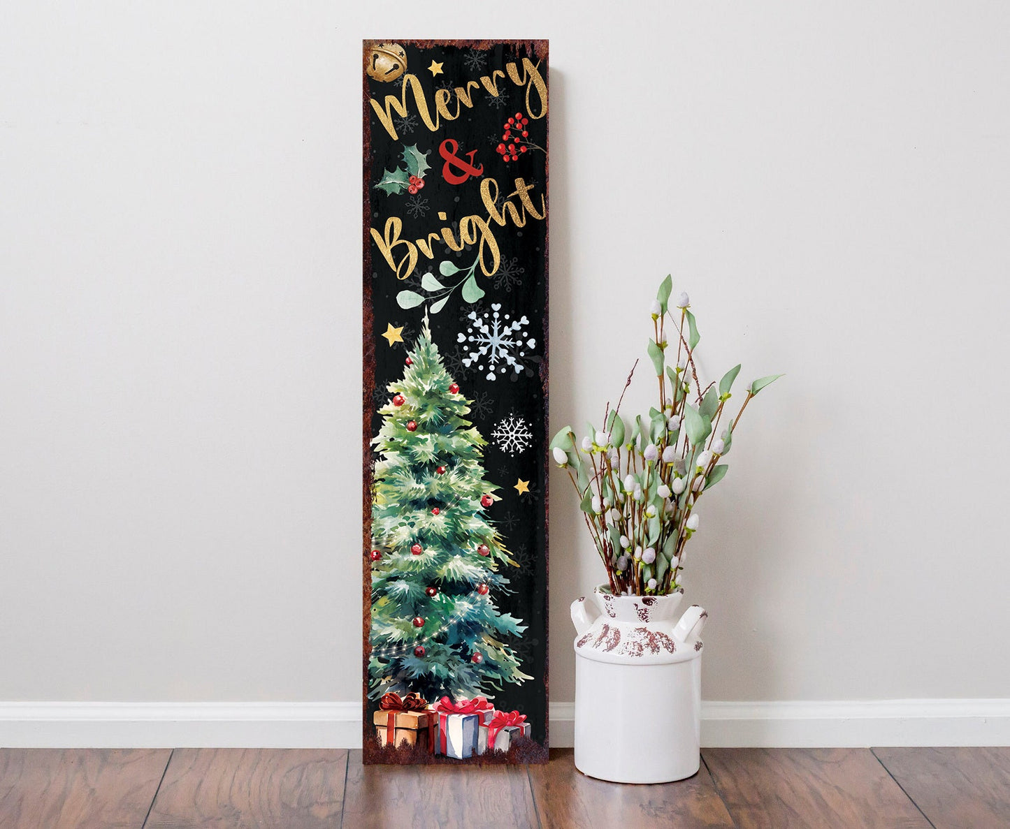 36in Merry & Bright Christmas Porch Sign - Front Porch Christmas Welcome Sign, Modern Farmhouse Entryway Board