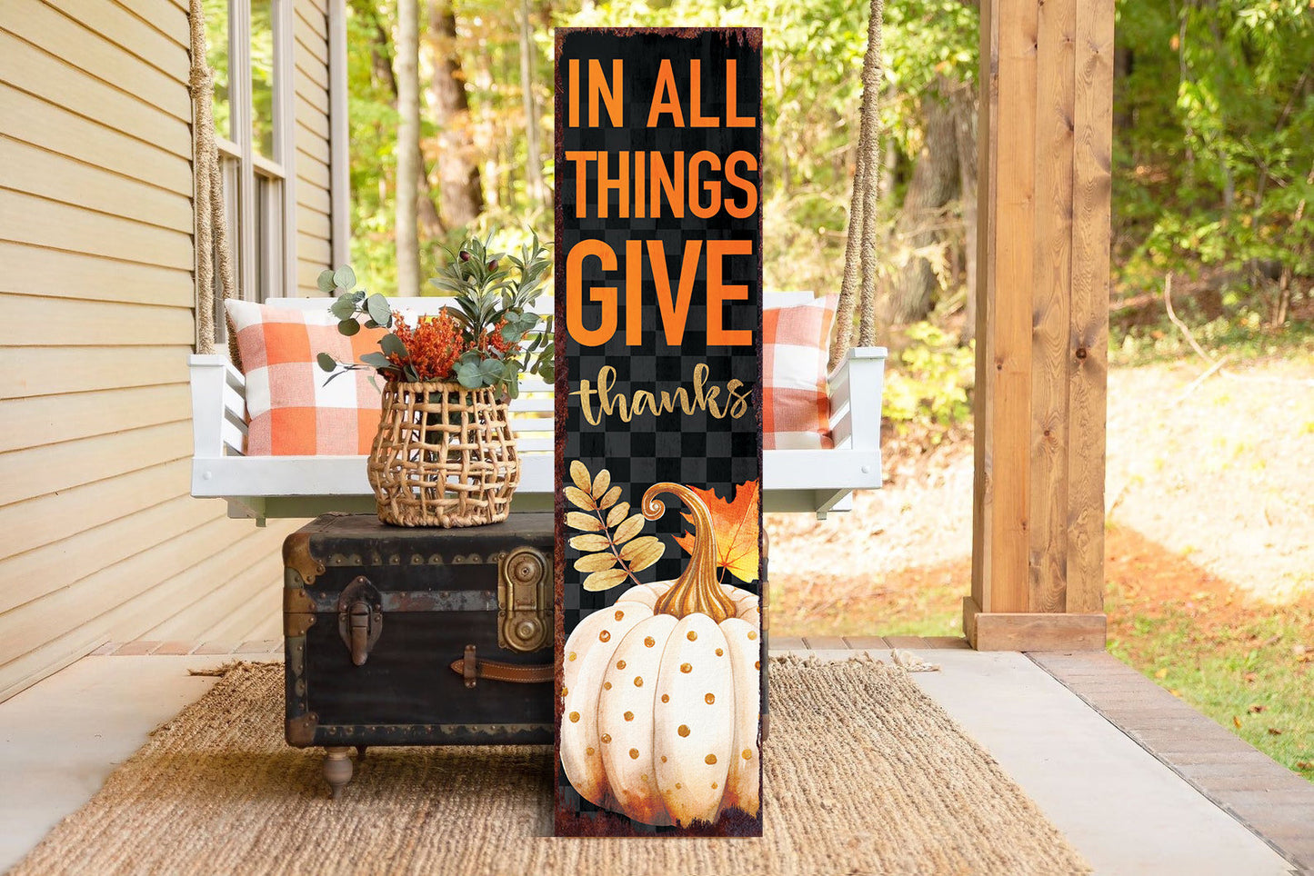 36in 'In All Things Give Thanks' Fall Porch Sign - Front Porch Vintage Autumn Decoration, Farmhouse Entryway Porch Decor