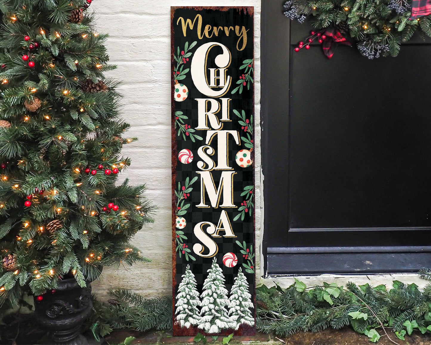 36in Merry Christmas Sign for Front Porch - Vintage Christmas Decoration, Rustic Modern Farmhouse Entryway Snowman Decor for Front Door