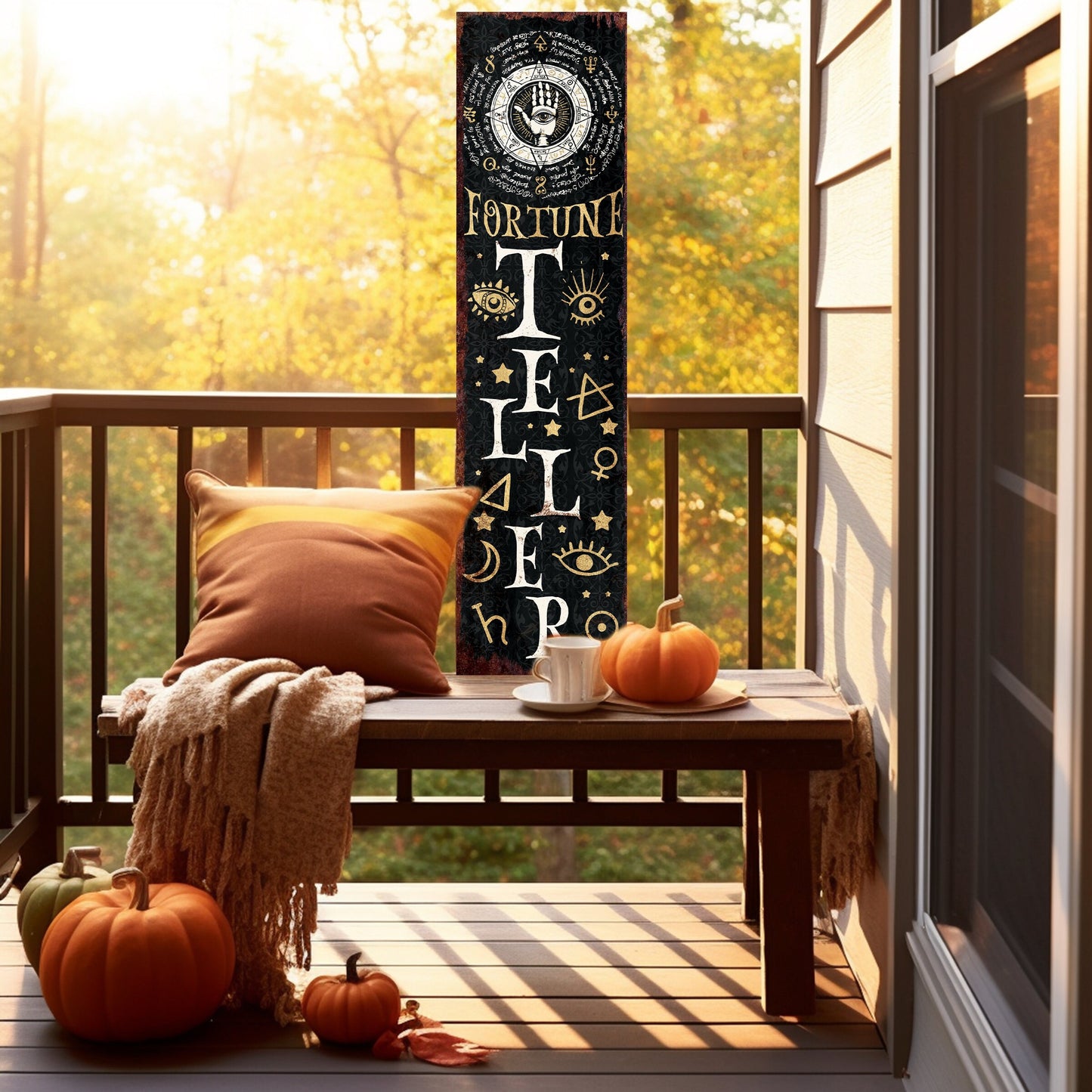 36in Fortune Teller Halloween Porch Sign - Front Porch Halloween Welcome Sign with Vintage Decoration, Rustic Farmhouse Entryway Porch Decor