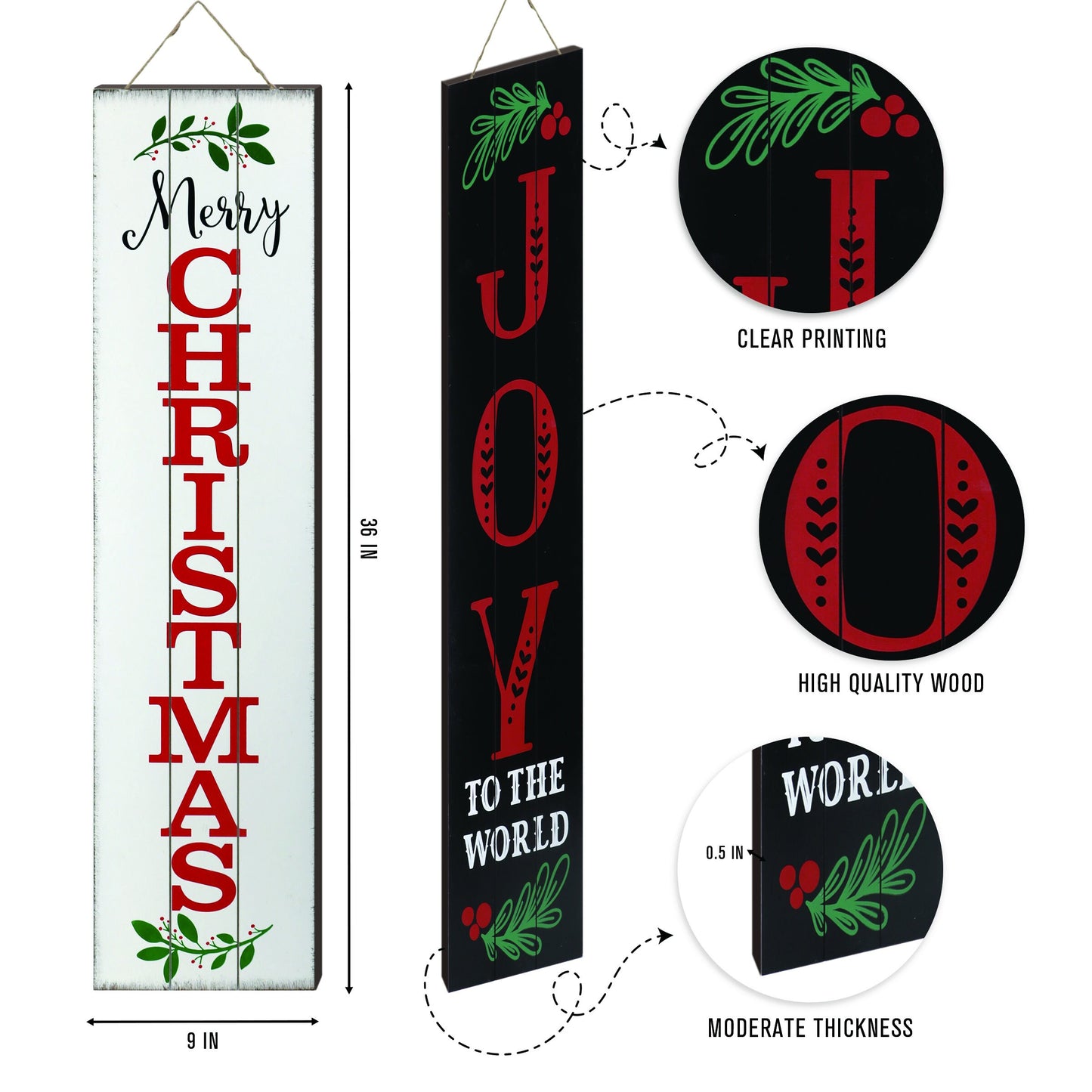36IN Merry Christmas / JOY To The World Reversible Porch Sign | Festive Double-Sided Holiday Decor