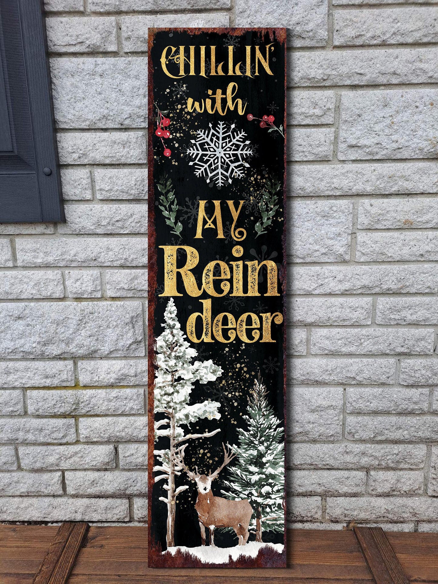 36in "Chillin' with My Reindeer" Christmas Porch Sign - Front Porch Christmas Welcome Sign, Rustic Modern Farmhouse Entryway Board