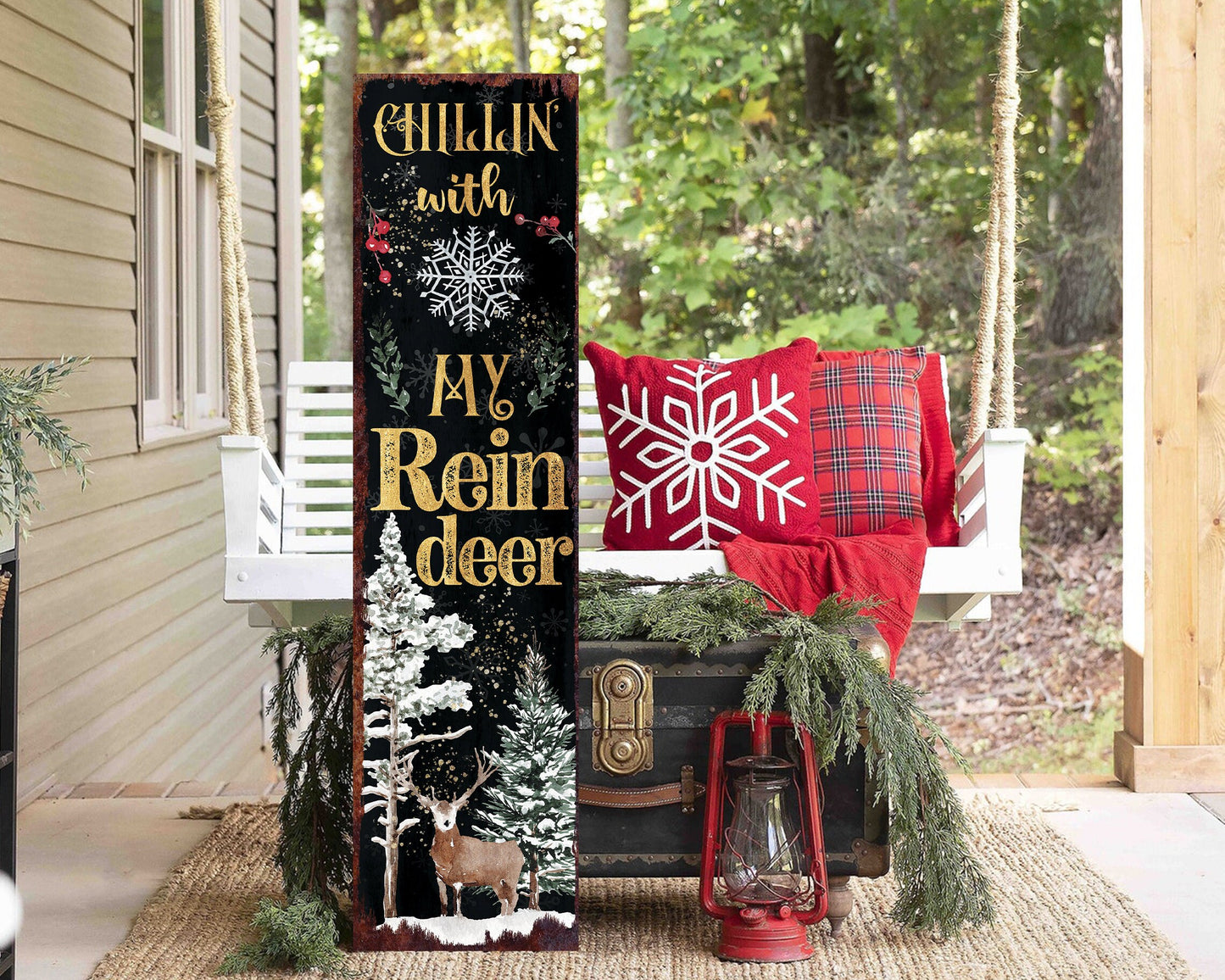 36in "Chillin' with My Reindeer" Christmas Porch Sign - Front Porch Christmas Welcome Sign, Rustic Modern Farmhouse Entryway Board