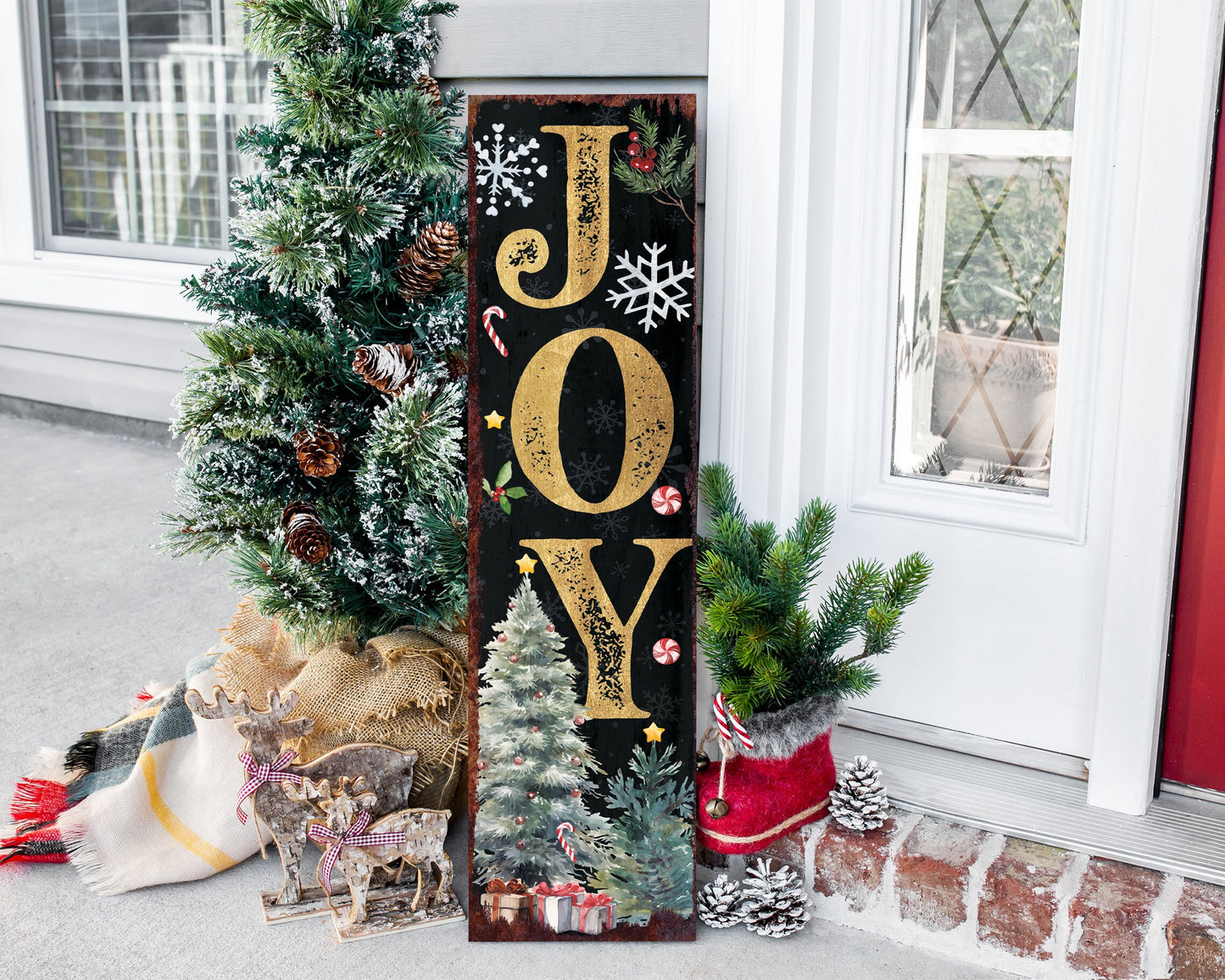 36in Joy to the World Christmas Porch Sign - Front Porch Christmas Decor Welcome Sign, Rustic Modern Farmhouse Entryway Board