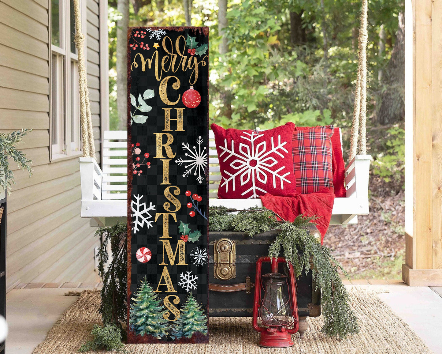 36in 'Merry Christmas' Porch Sign - Front Porch Christmas Welcome Sign, Rustic Modern Farmhouse Entryway Home Decor