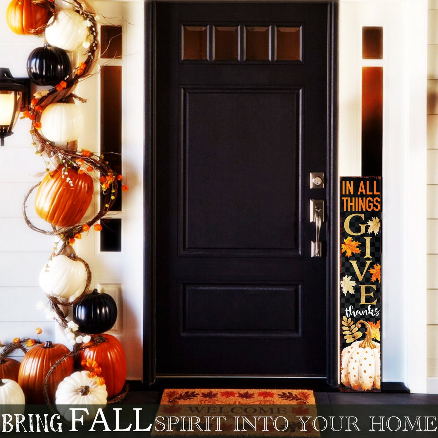 48in In All Things Give Thanks Porch Sign - Front Porch Fall Welcome Sign with Vintage Autumn Decoration, Farmhouse Entryway Porch Decor