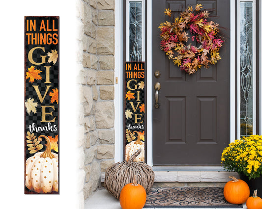 48in In All Things Give Thanks Porch Sign - Front Porch Fall Welcome Sign with Vintage Autumn Decoration, Farmhouse Entryway Porch Decor