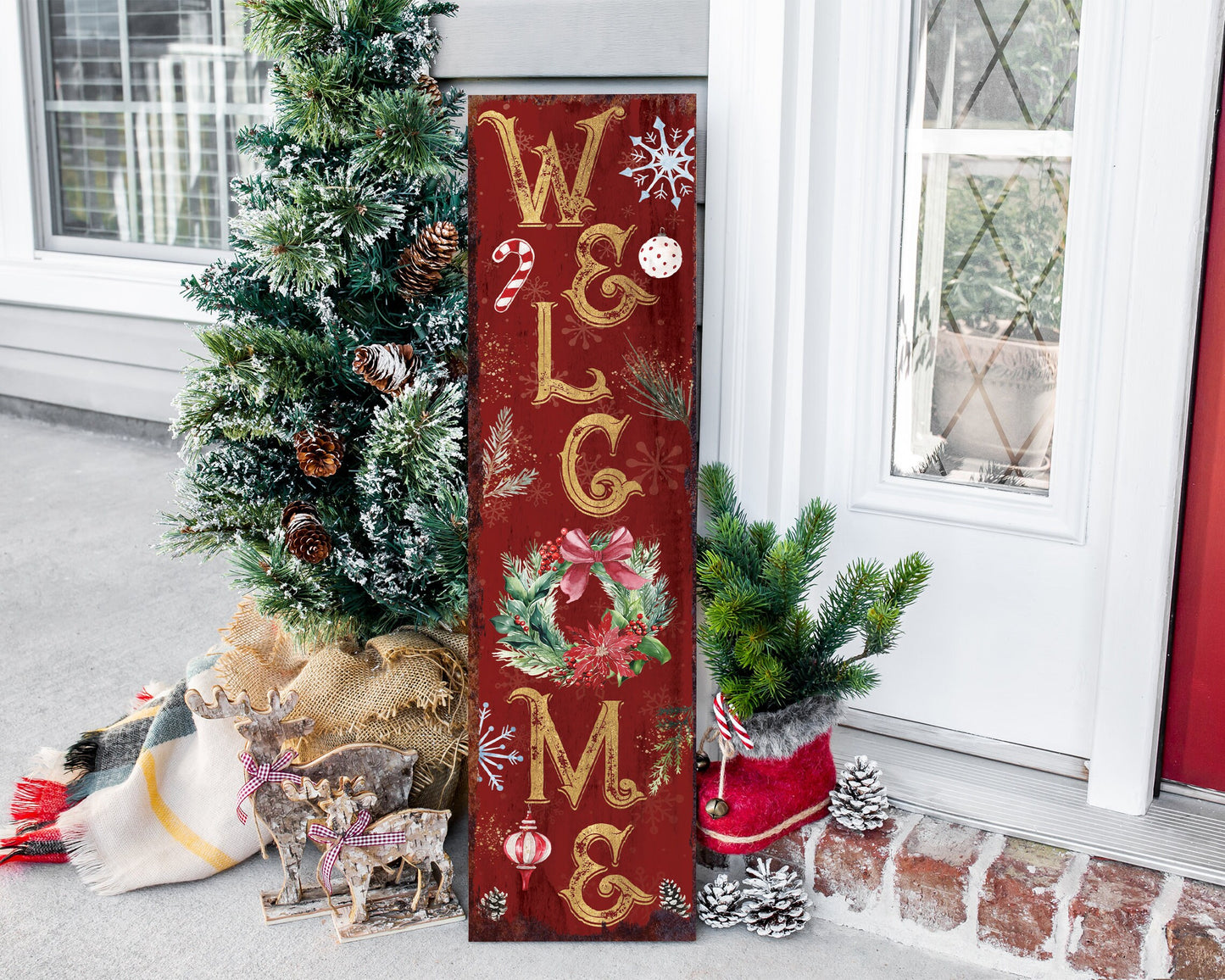 36in Welcome Christmas Porch Sign - Front Porch Christmas Welcome Sign, Rustic Modern Farmhouse Entryway Board