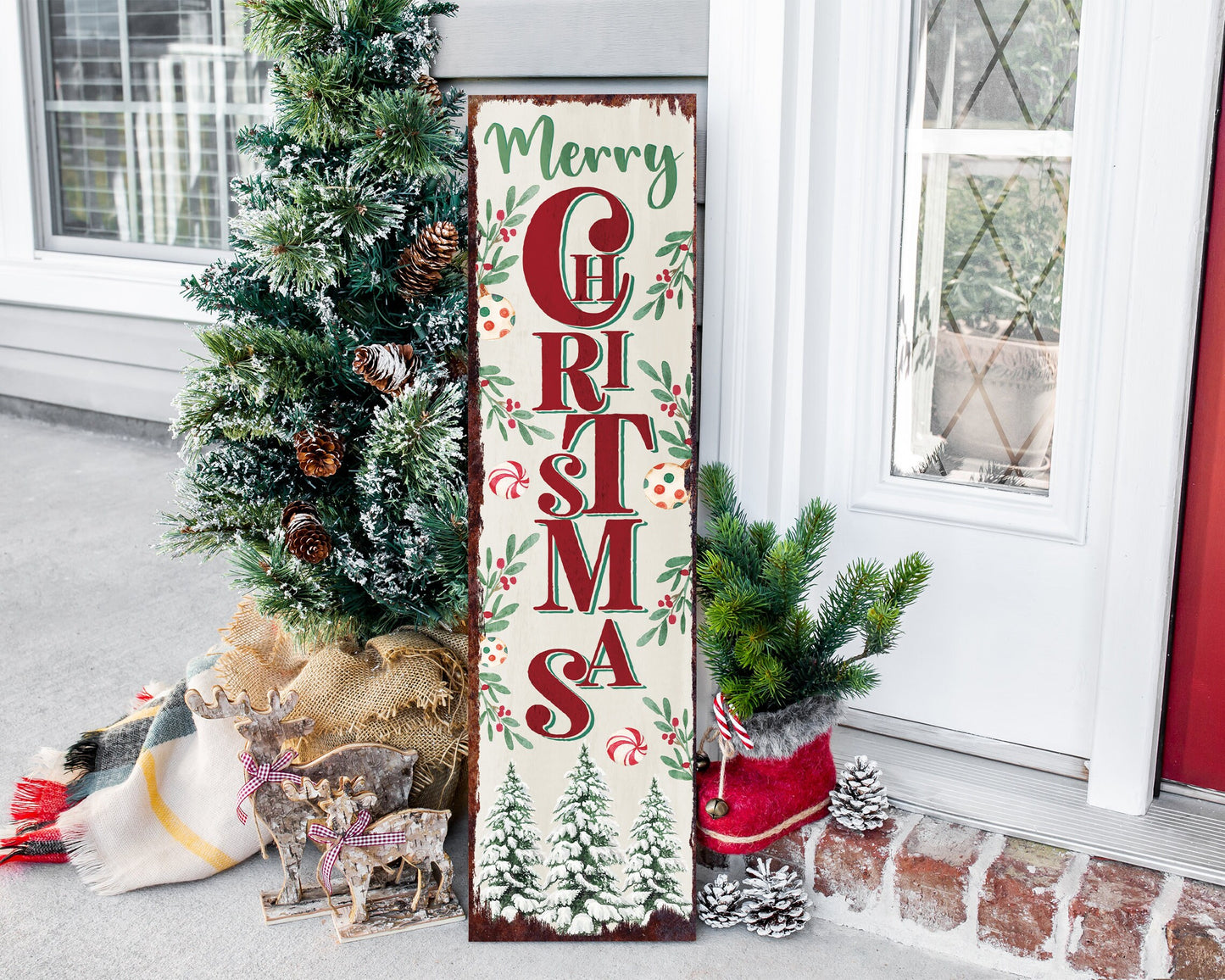 36in Merry Christmas Sign for Front Porch - White Christmas Decoration, Rustic Modern Farmhouse Entryway Snowman Decor for Front Door