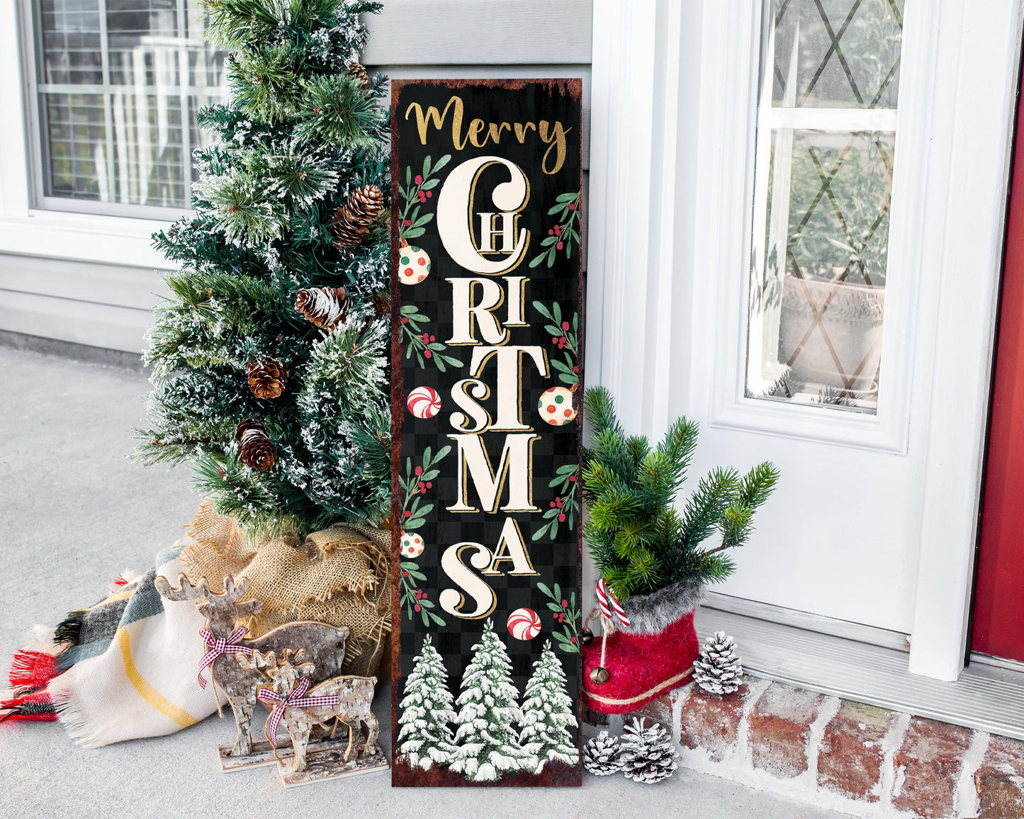 36in Merry Christmas Sign for Front Porch - Vintage Christmas Decoration, Rustic Modern Farmhouse Entryway Snowman Decor for Front Door