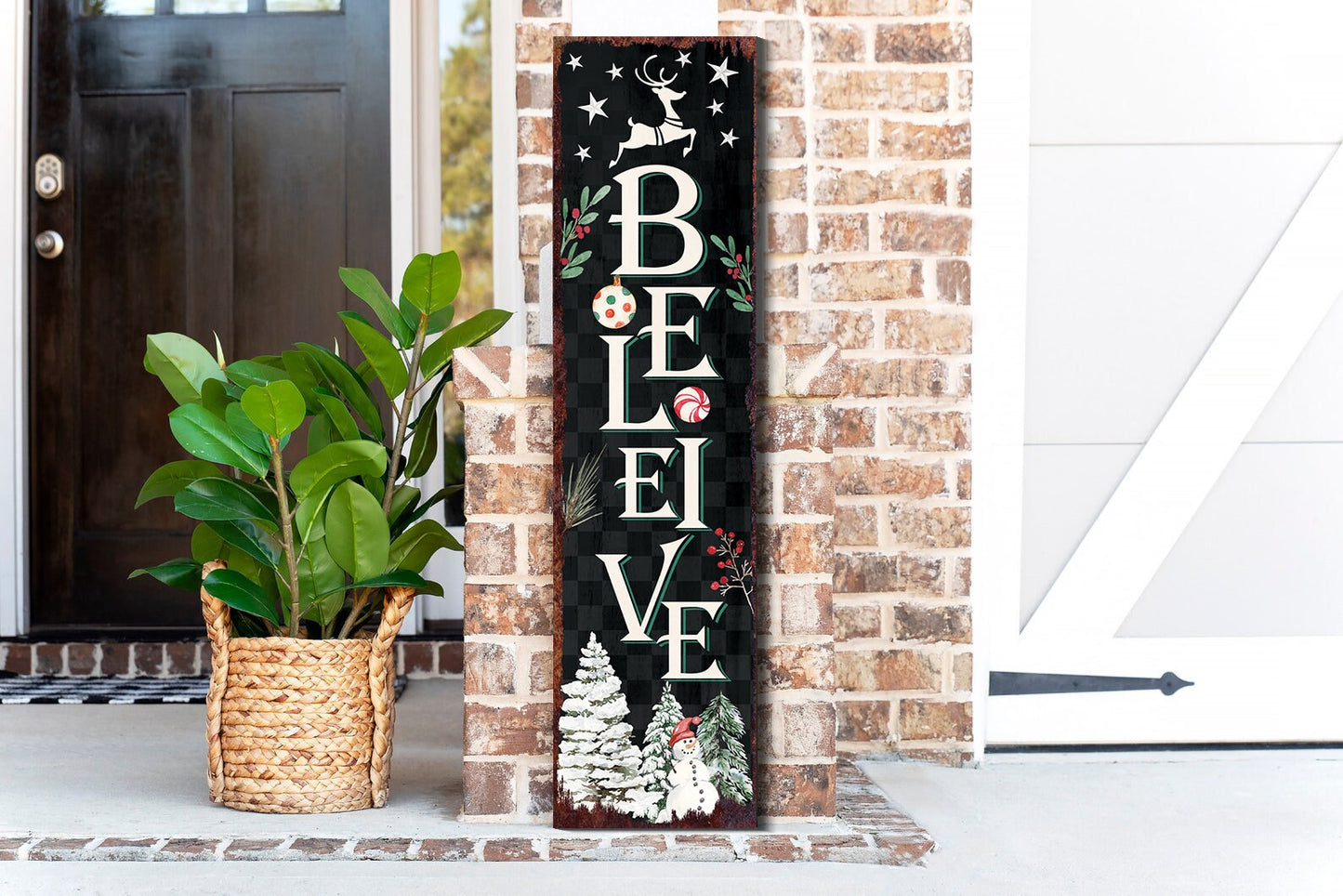 36in Believe Christmas Sign for Front Porch - Vintage Christmas Decoration, Rustic Modern Farmhouse Entryway Snowman Decor for Front Door