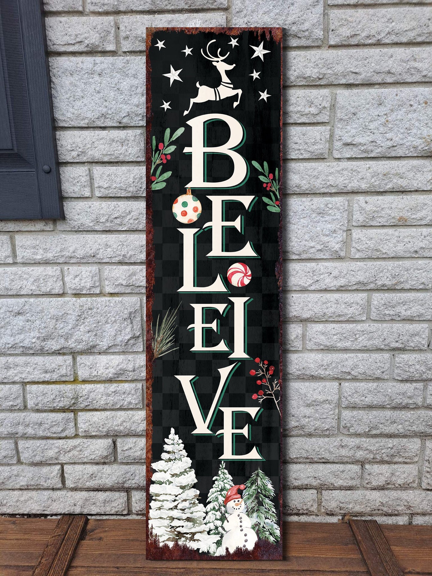 36in Believe Christmas Sign for Front Porch - Vintage Christmas Decoration, Rustic Modern Farmhouse Entryway Snowman Decor for Front Door