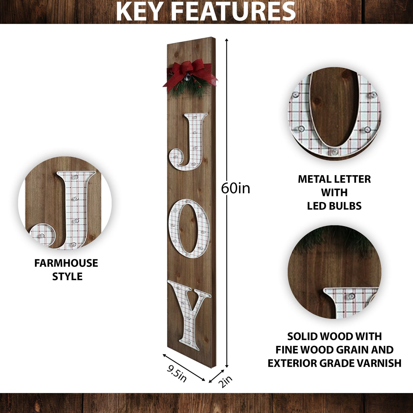60in Pre-lit Joy Christmas LED Sign for Front Porch - Vintage Christmas Decoration, Rustic Modern Farmhouse Entryway Decor for Front Door