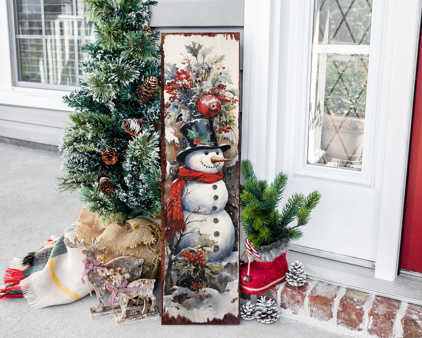 36in Vintage Christmas Snowman Porch Sign - Front Porch Christmas Welcome Sign,Vintage Christmas Decor, Modern Farmhouse Entryway Board for Outdoor