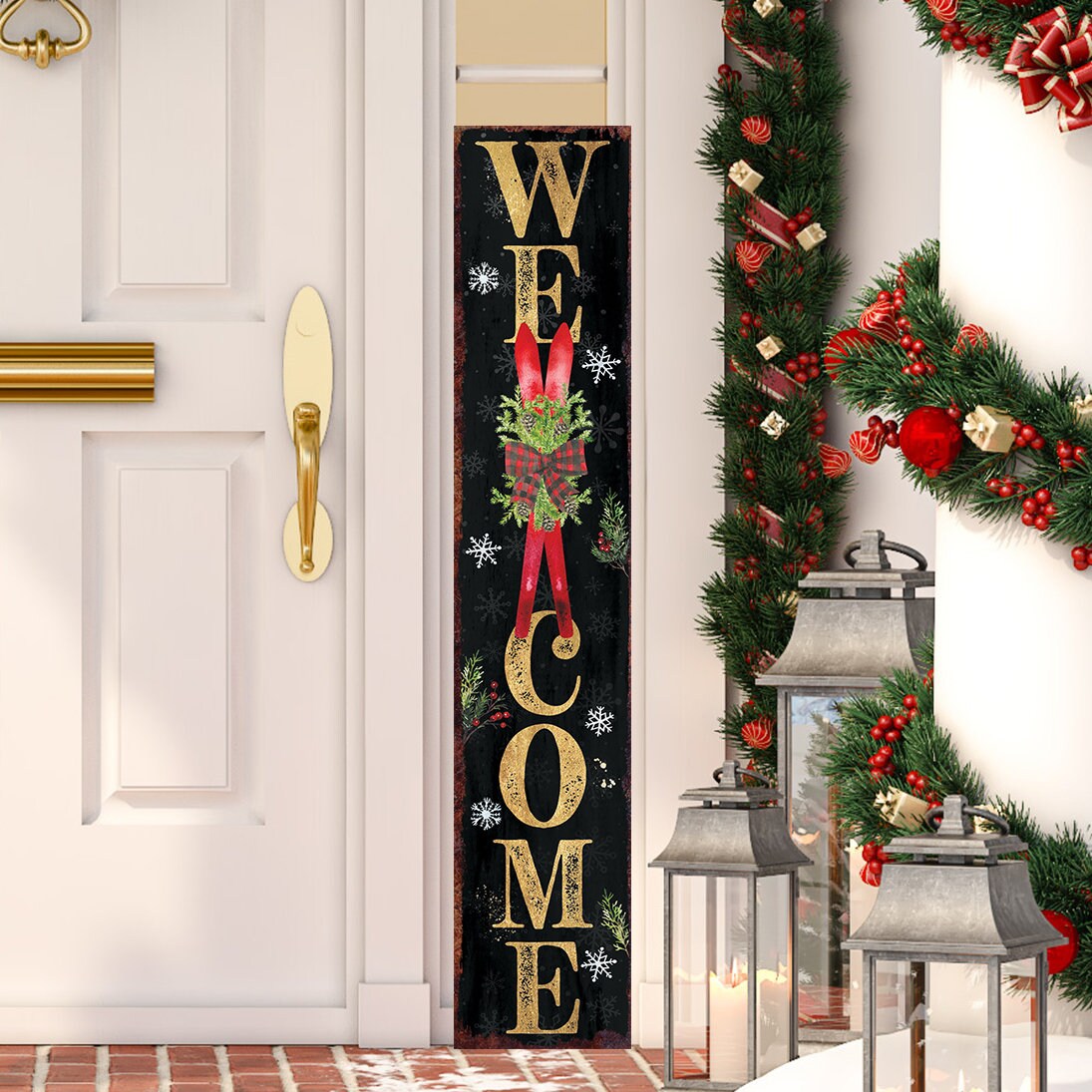 48in Welcome Snowflake with Skis Christmas Porch Sign - Front Porch Welcome Sign Home Decor, Vintage Holiday Christmas Decor for Outdoor