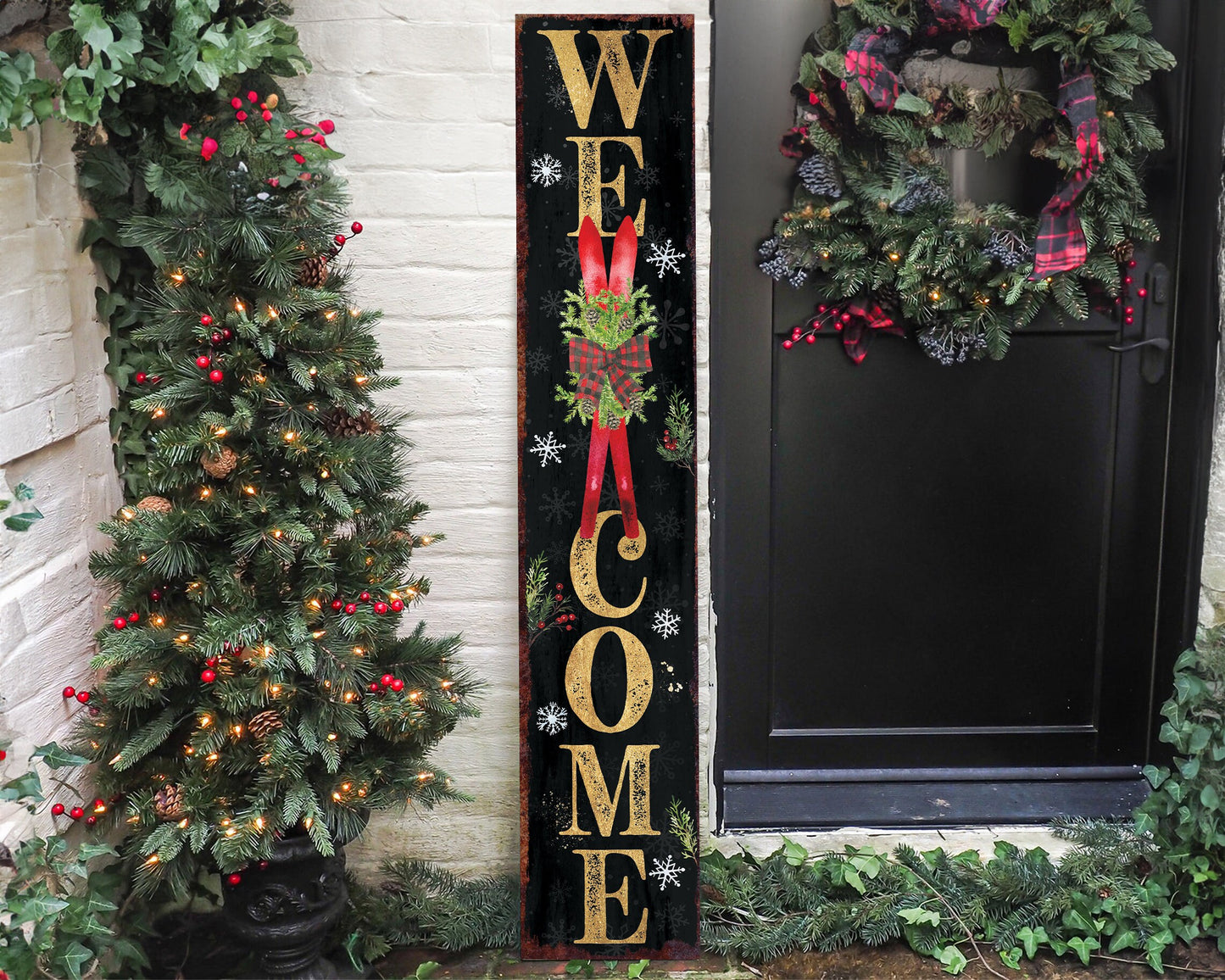 48in Welcome Snowflake with Skis Christmas Porch Sign - Front Porch Welcome Sign Home Decor, Vintage Holiday Christmas Decor for Outdoor