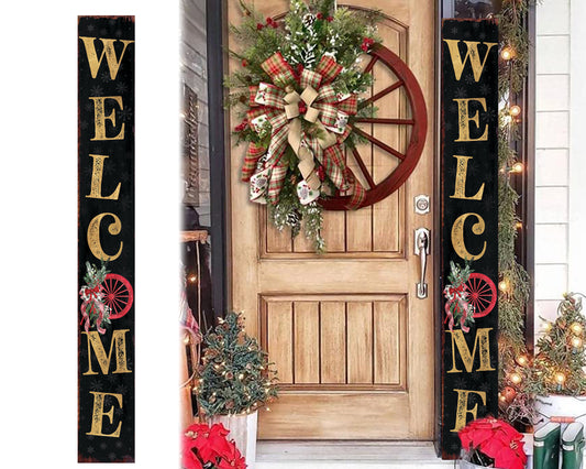 72in Welcome with Wagon Wheel Wreath Christmas Porch Sign - Front Porch Welcome Sign Home Decor, Vintage Holiday Christmas Decor for Outdoor