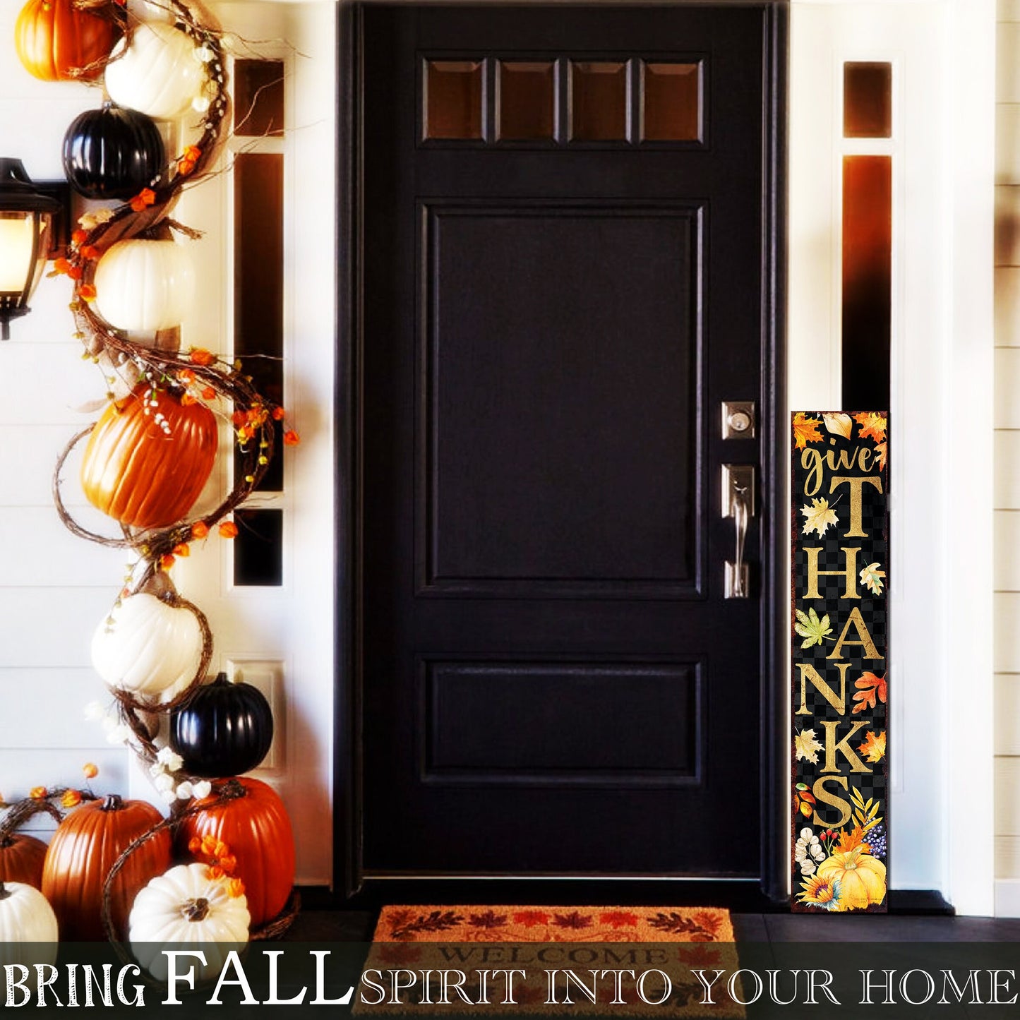 48in Give Thanks Fall Porch Sign - Front Porch Fall Welcome Sign with Vintage Autumn Decoration, Rustic Thanksgiving Decor for Outdoor