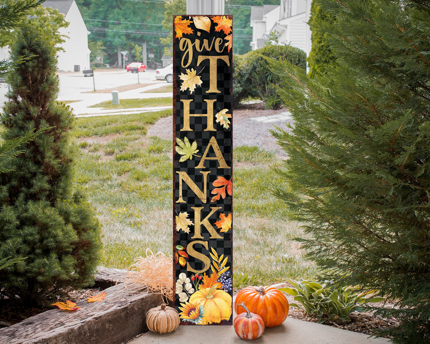 48in Give Thanks Fall Porch Sign - Front Porch Fall Welcome Sign with Vintage Autumn Decoration, Rustic Thanksgiving Decor for Outdoor